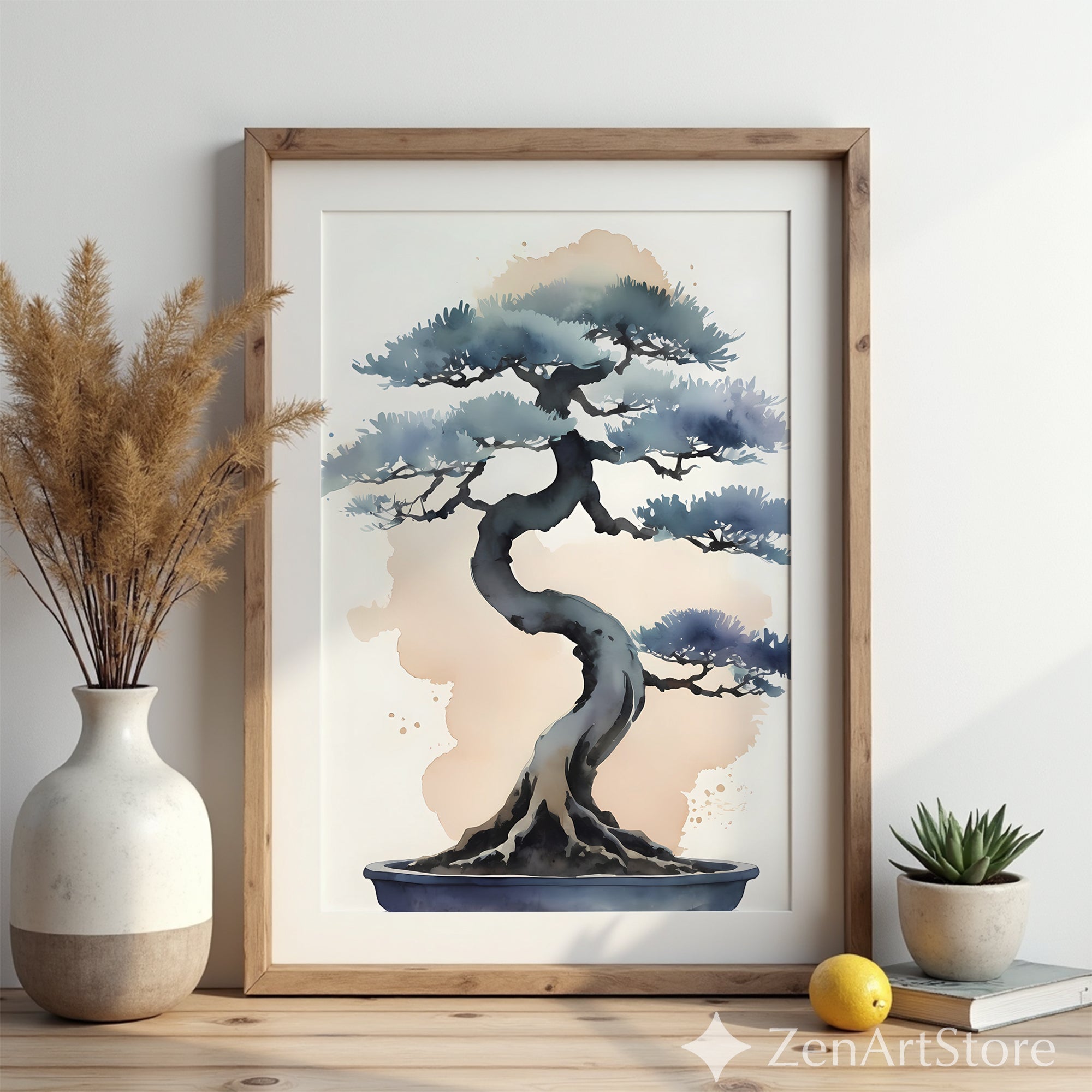 Minimal Bonsai Watercolor Art Print - Japandi Zen Wall Decor, Neutral Blue Beige Botanical Painting for Modern Home