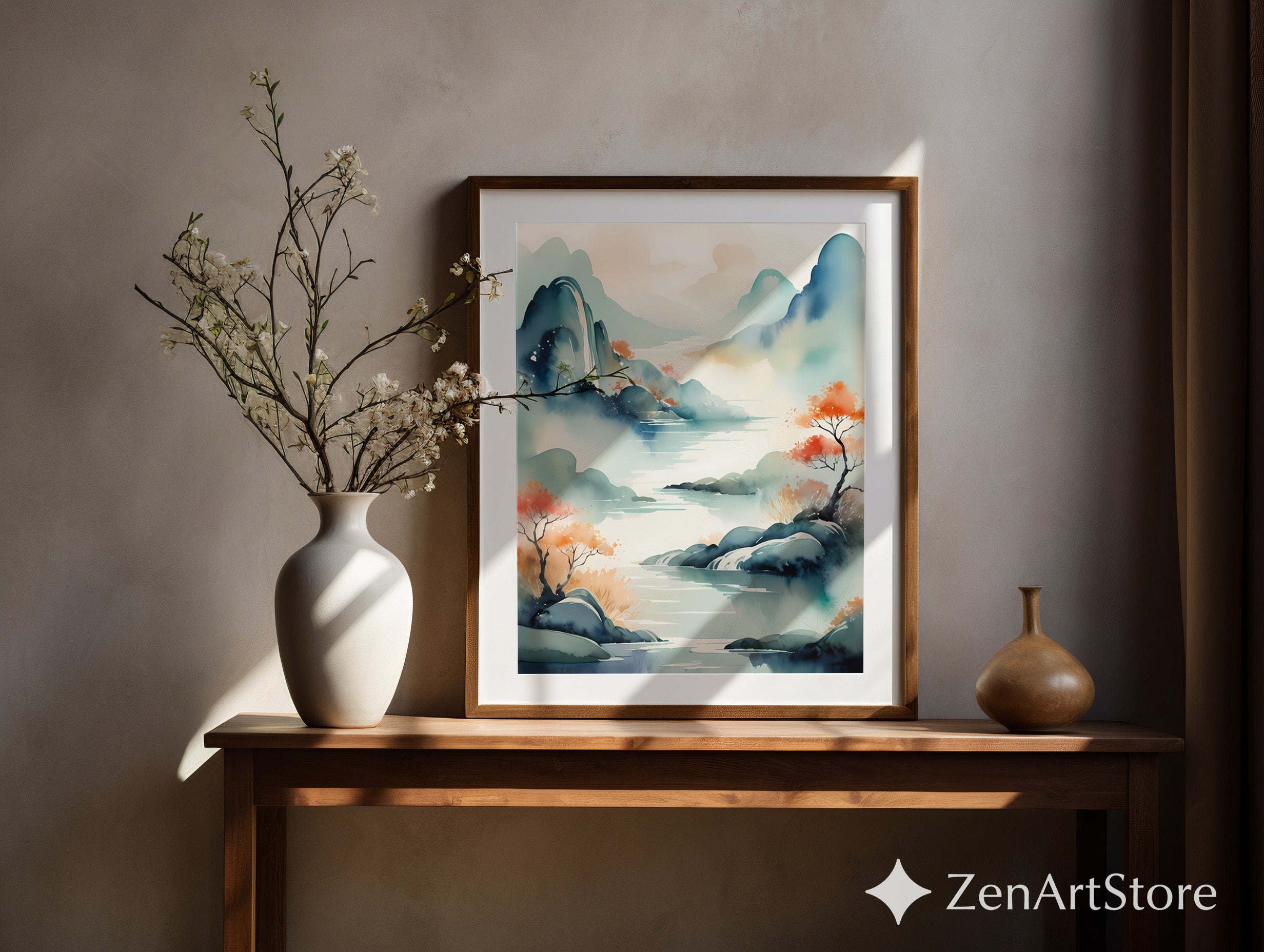 Serene Watercolor Landscape Print - Japandi Zen Mountain Lake Wall Art, Minimal Botanical Home Decor