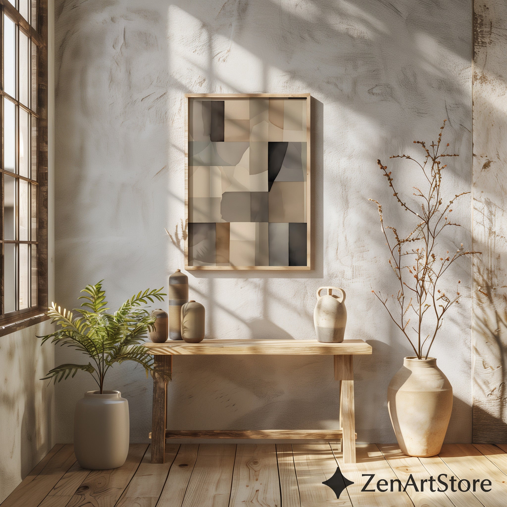 Neutral Abstract Patchwork Wall Art - Minimal Beige Brown Geometric Print for Japandi & Scandinavian Home Decor