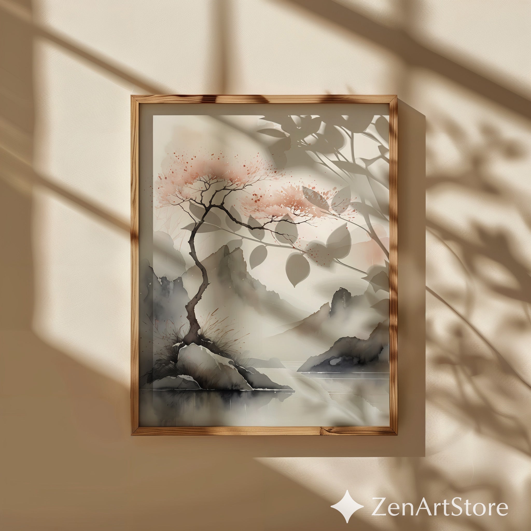 Serene Japandi Watercolor Landscape Print - Minimal Cherry Blossom Tree, Zen Wabi Sabi Wall Art for Living Room