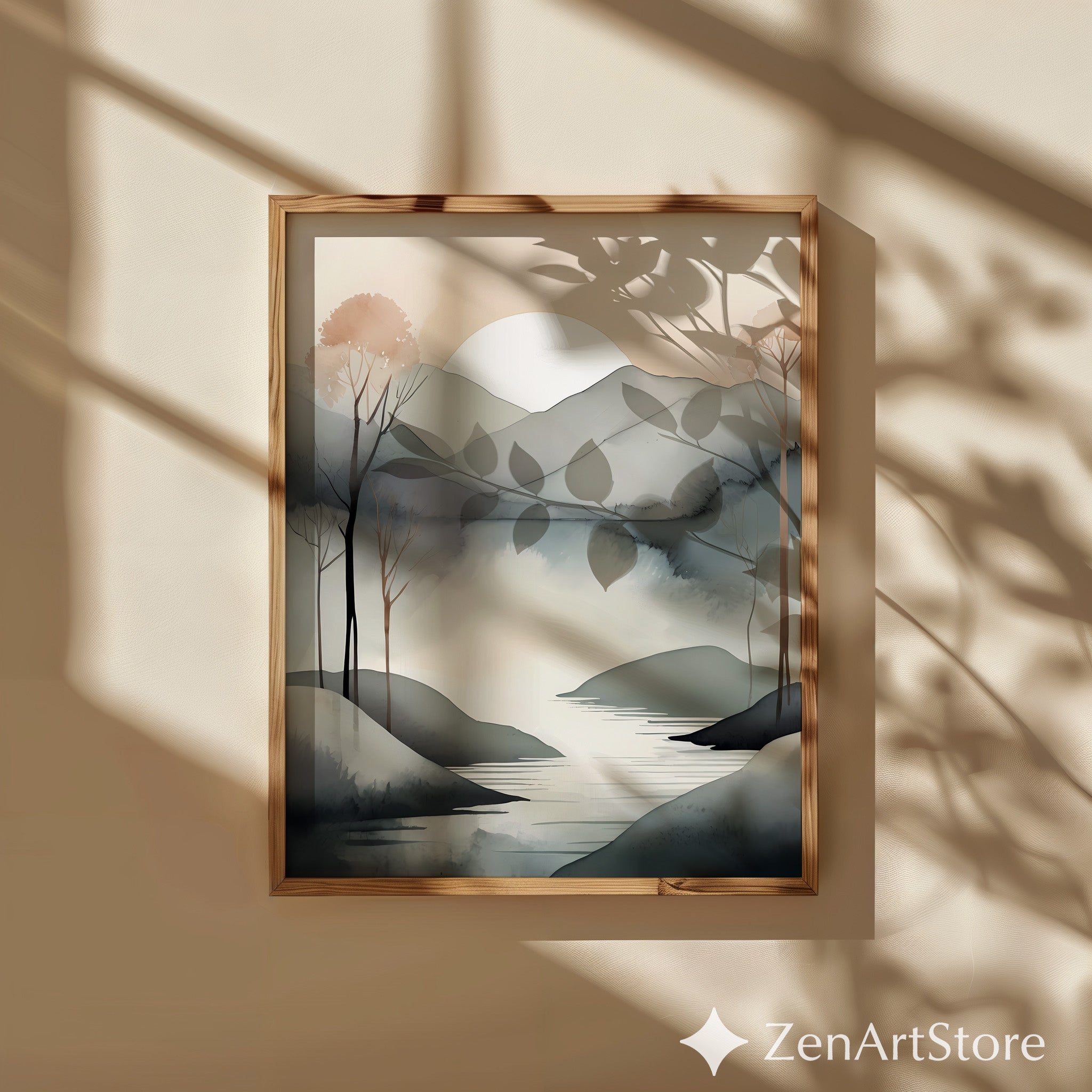 Serene Minimalist Landscape Wall Art - Neutral Watercolor Mountains & Lake - Japandi Wabi-Sabi Scandinavian Home Decor Print