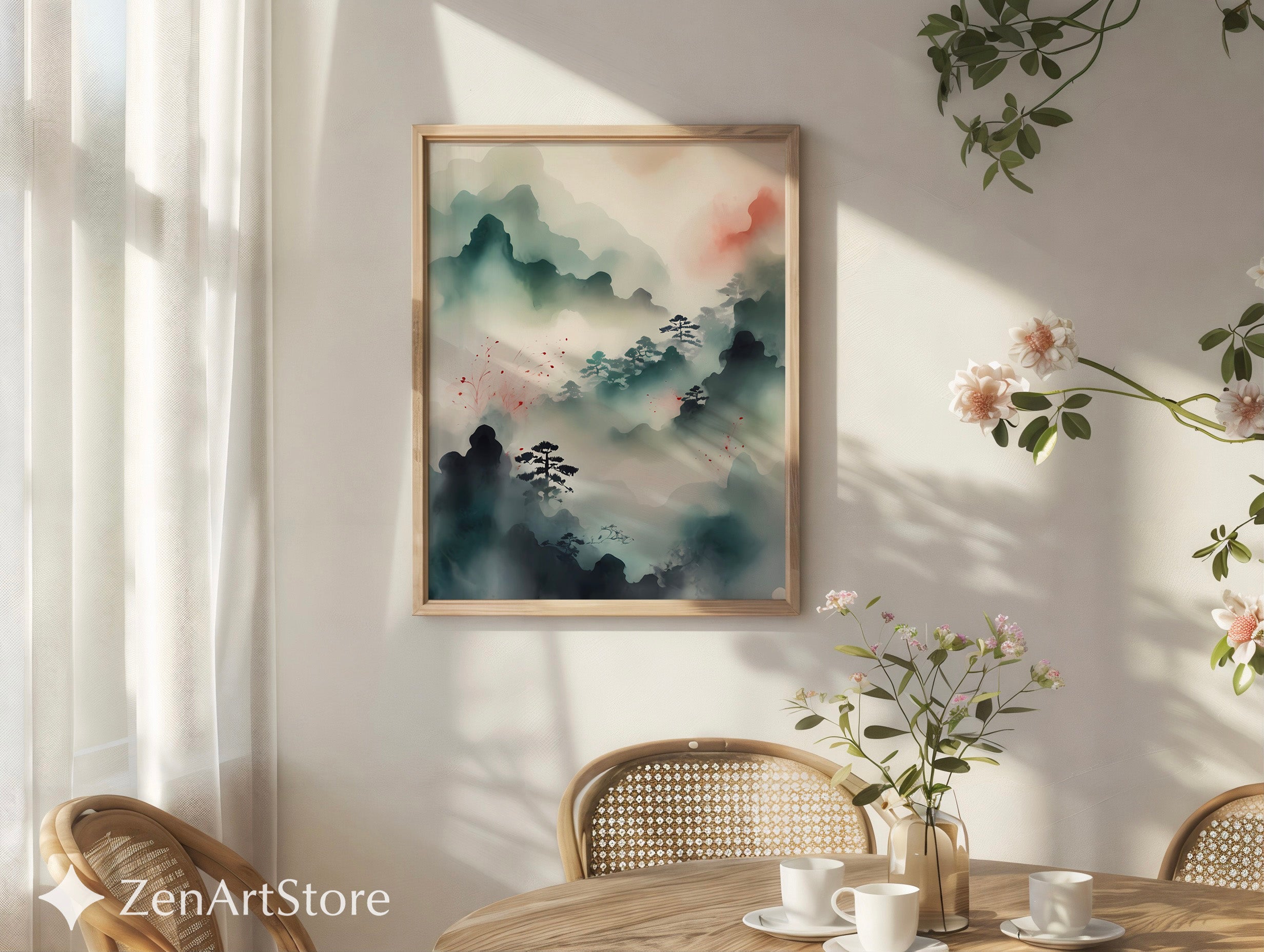 Misty Mountain Zen Landscape Print - Japandi Minimal Ink Wash Wall Art, Neutral Calm Pine Trees