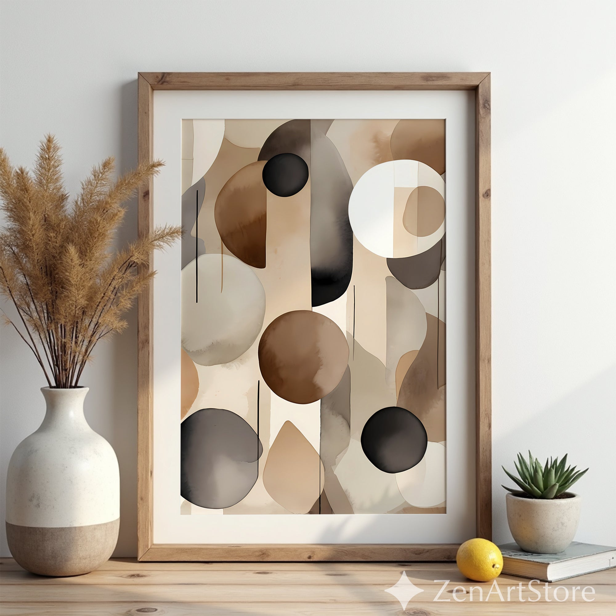 Neutral Abstract Wall Art Print - Brown Beige Black Minimal Geometric Watercolor for Japandi Scandinavian Home Decor