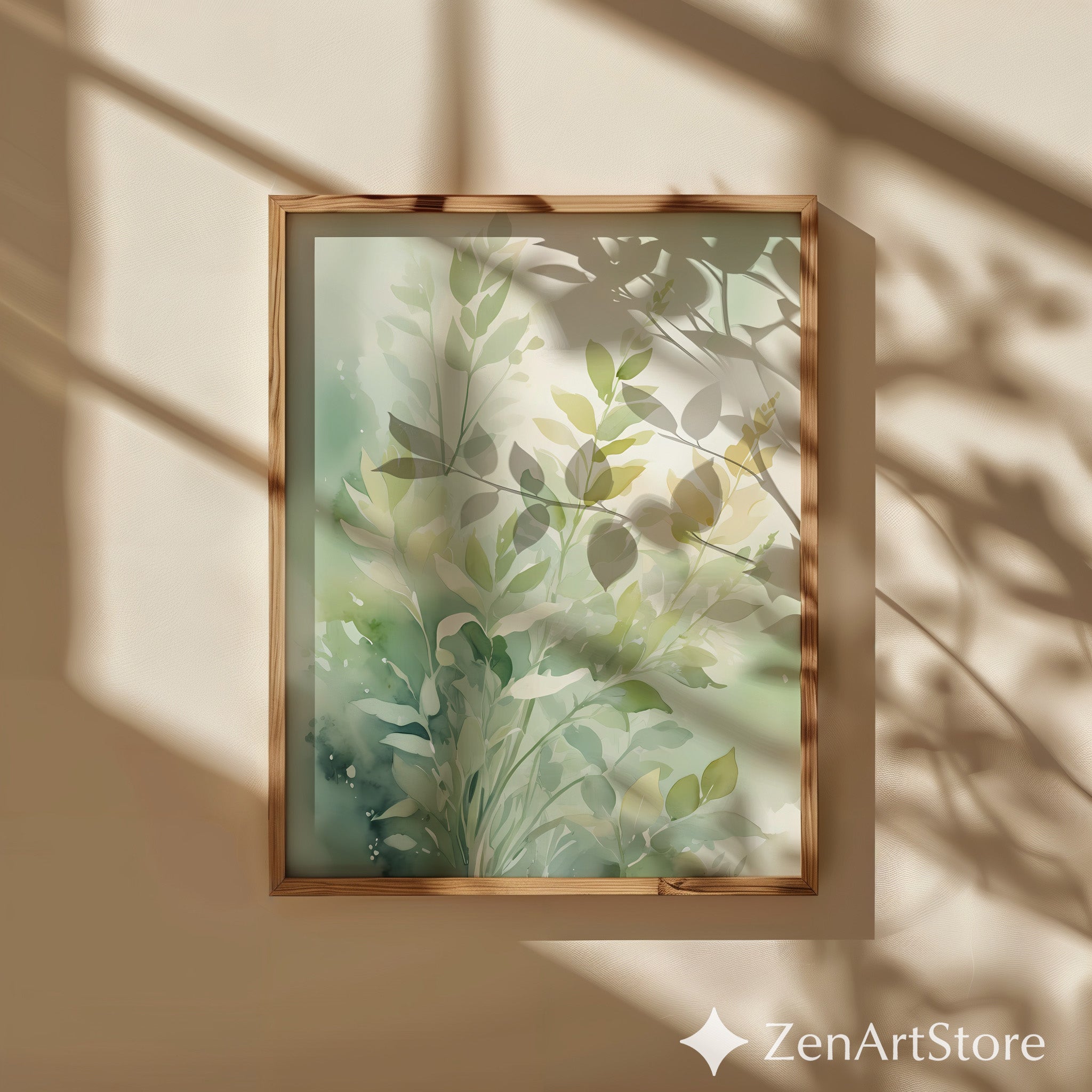 Soft Green Botanical Watercolor Print - Minimal Japandi Leaf Art for Calm Home Decor, Printable Scandinavian Nature Wall Art