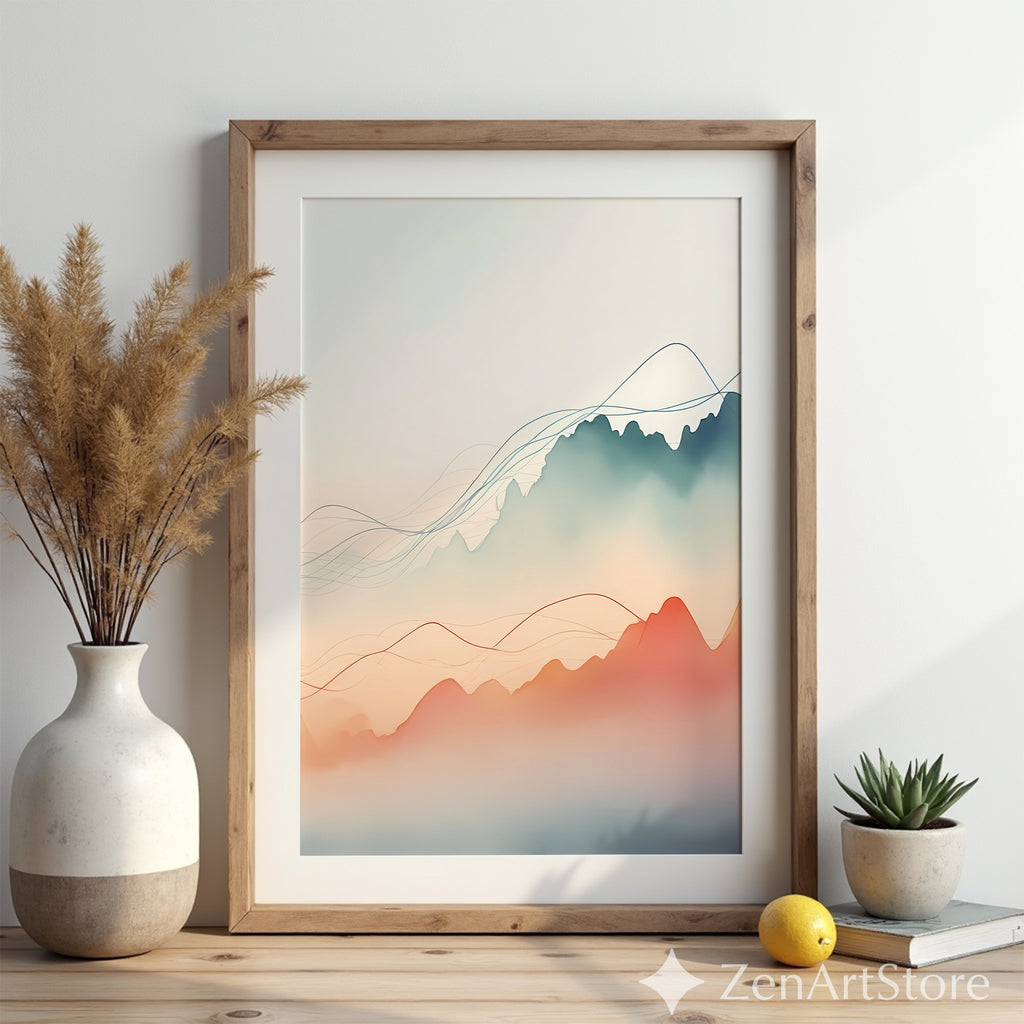 Minimal Abstract Mountain Landscape Wall Art, Japandi Neutral Pastel Line Art Print for Living Room & Bedroom