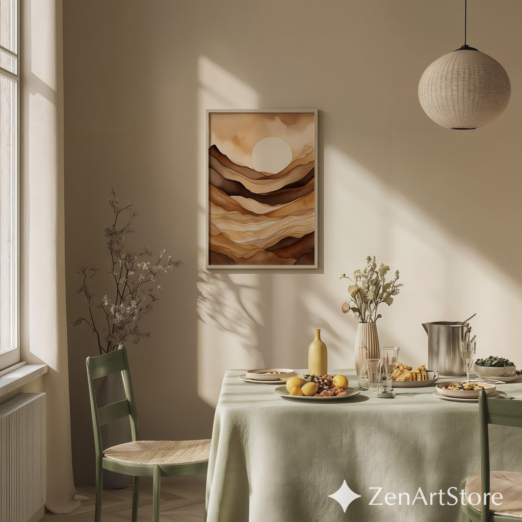 Neutral Abstract Landscape Wall Art - Beige Brown Minimalist Sun Print, Japandi Wabi Sabi Modern Home Decor, Printable or Canvas