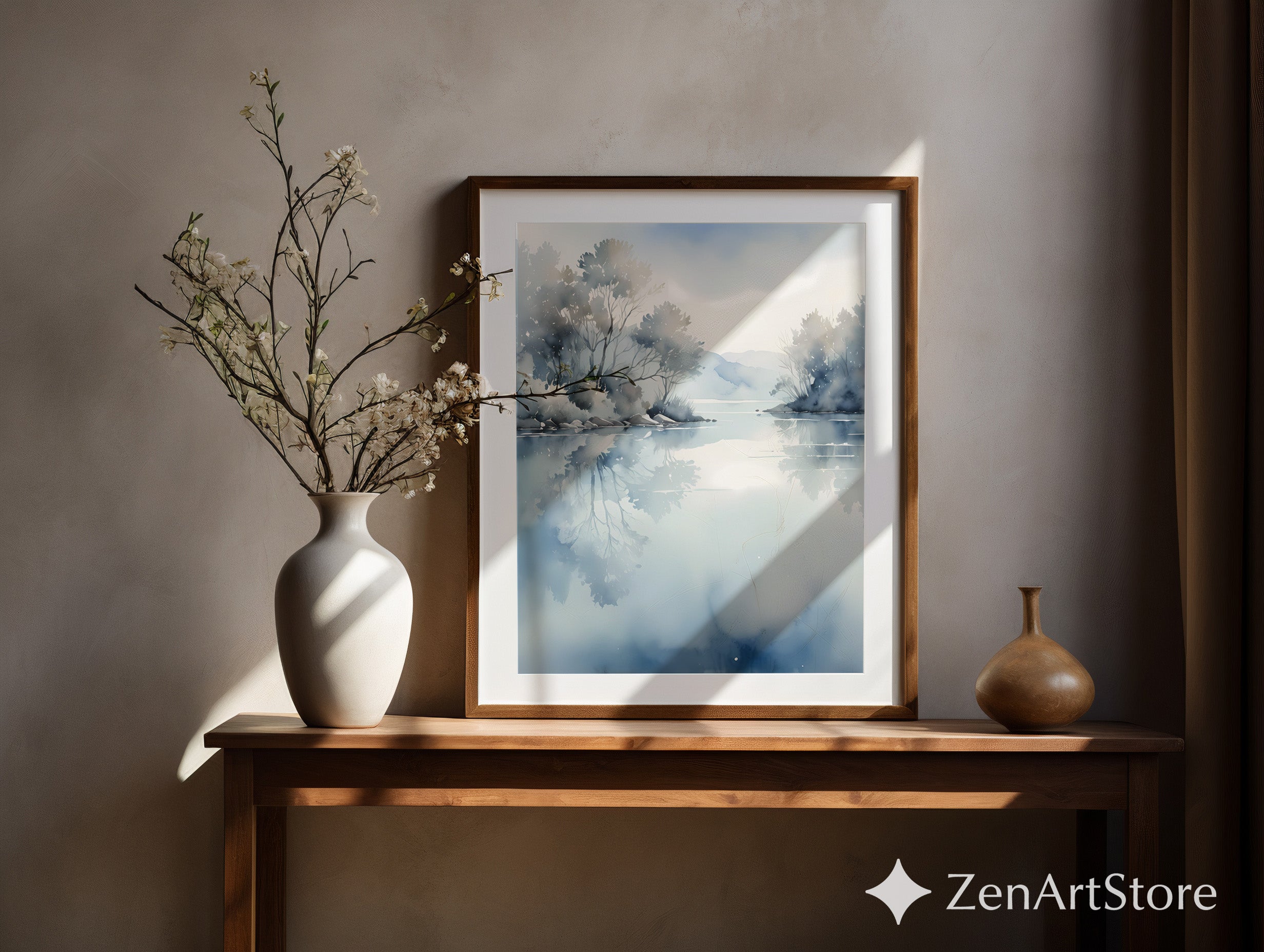 Misty Blue Lake Watercolor Print - Calm Minimalist Landscape Wall Art for Living Room, Bedroom, Spa, Japandi Zen Decor