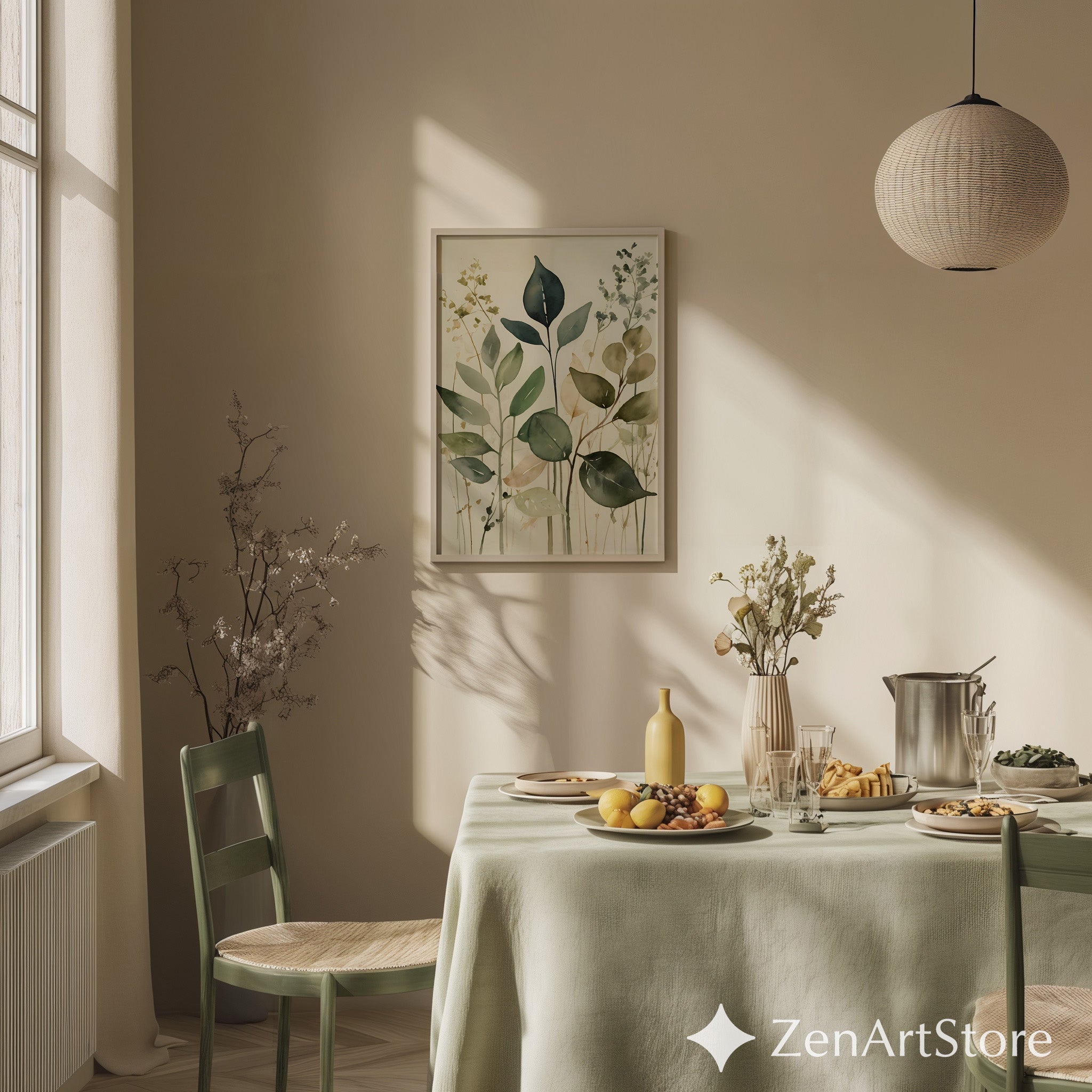 Neutral Botanical Watercolor Print - Minimal Green Leaf Wall Art for Japandi Wabi Sabi Home Decor