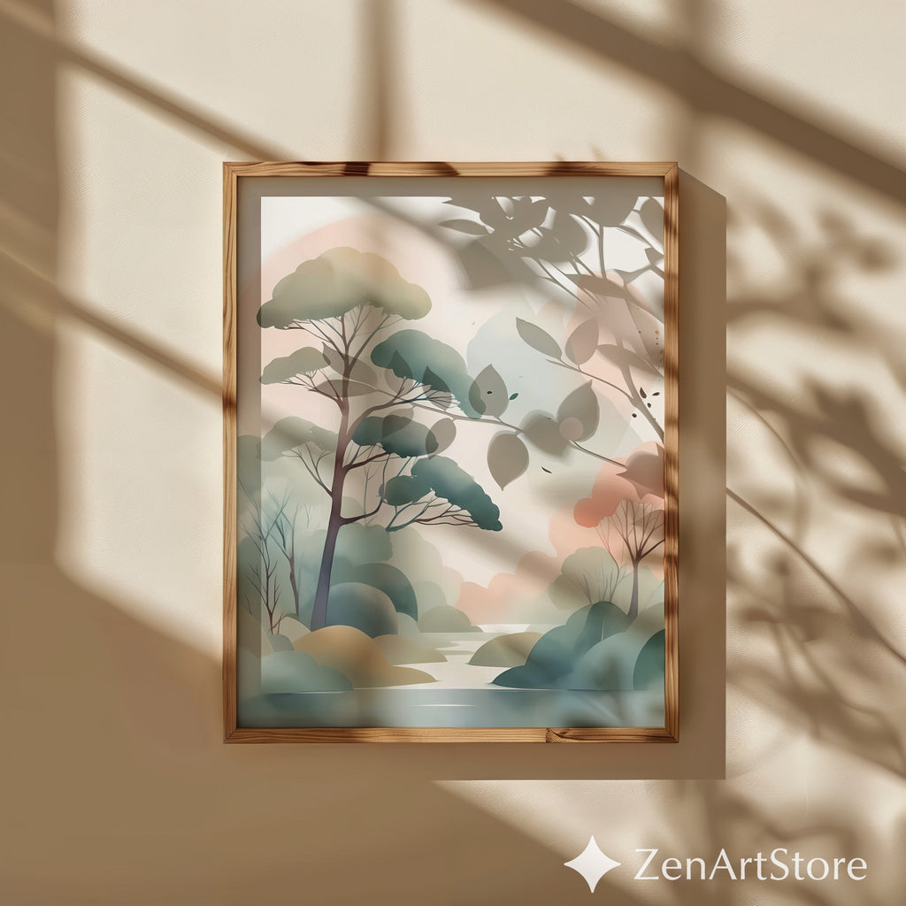 Serene Pastel Landscape Wall Art - Minimal Japandi Tree Print, Neutral Scandinavian Zen Botanical for Living Room & Bedroom