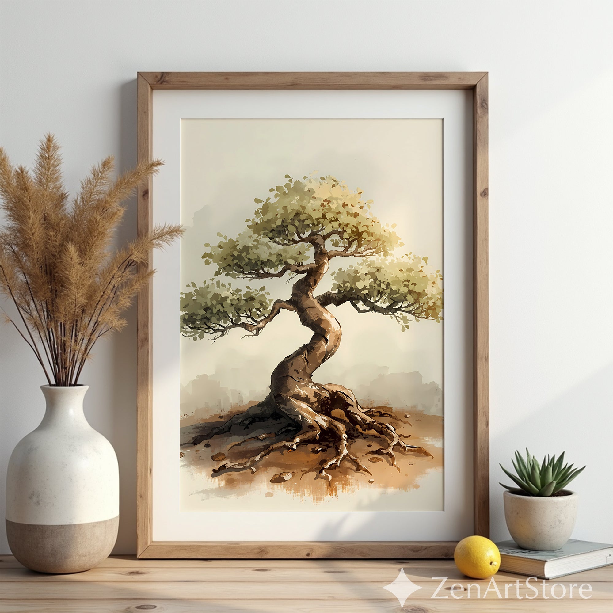 Bonsai Tree Art Print - Minimal Zen Wall Decor, Neutral Wabi Sabi Botanical Illustration for Japandi & Scandinavian Homes