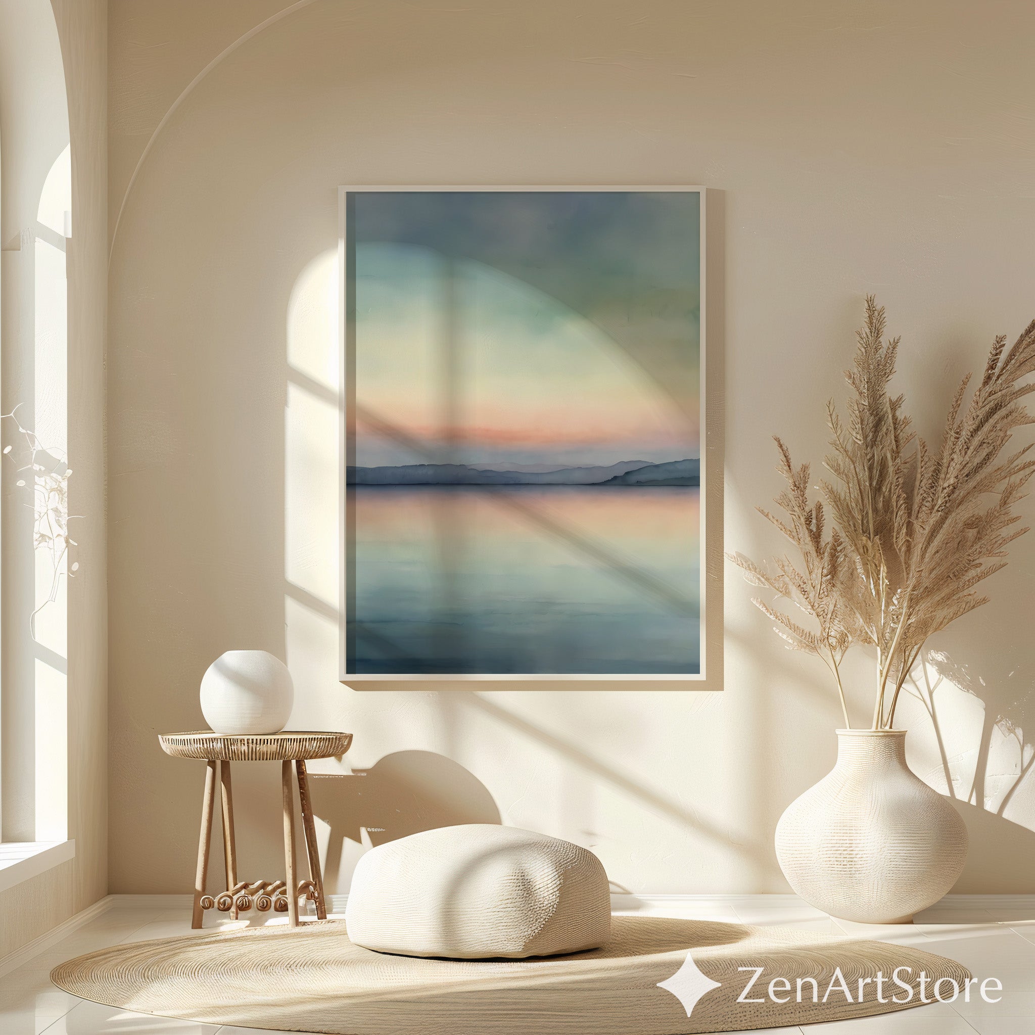 Serene Pastel Lake Sunset Minimal Landscape Art Print - Calm Japandi Wall Decor