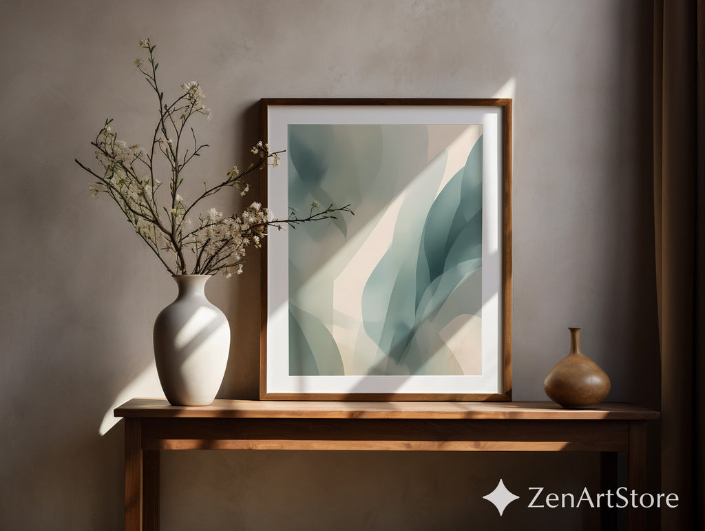 Muted Green Abstract Botanical Wall Art | Minimalist Japandi Print for Calm Neutral Home Decor, Printable & Canvas Ready
