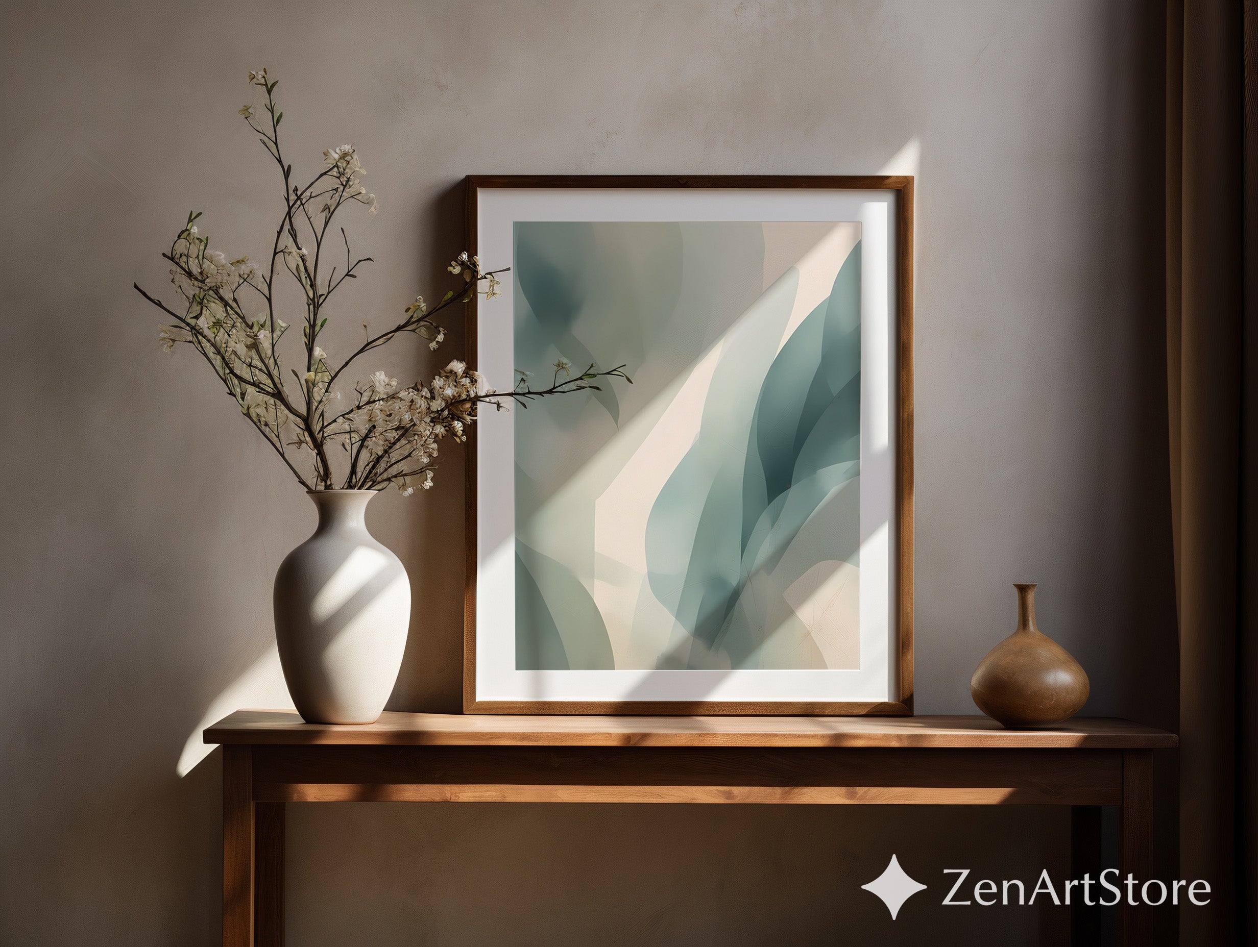 Muted Green Abstract Botanical Wall Art | Minimalist Japandi Print for Calm Neutral Home Decor, Printable & Canvas Ready