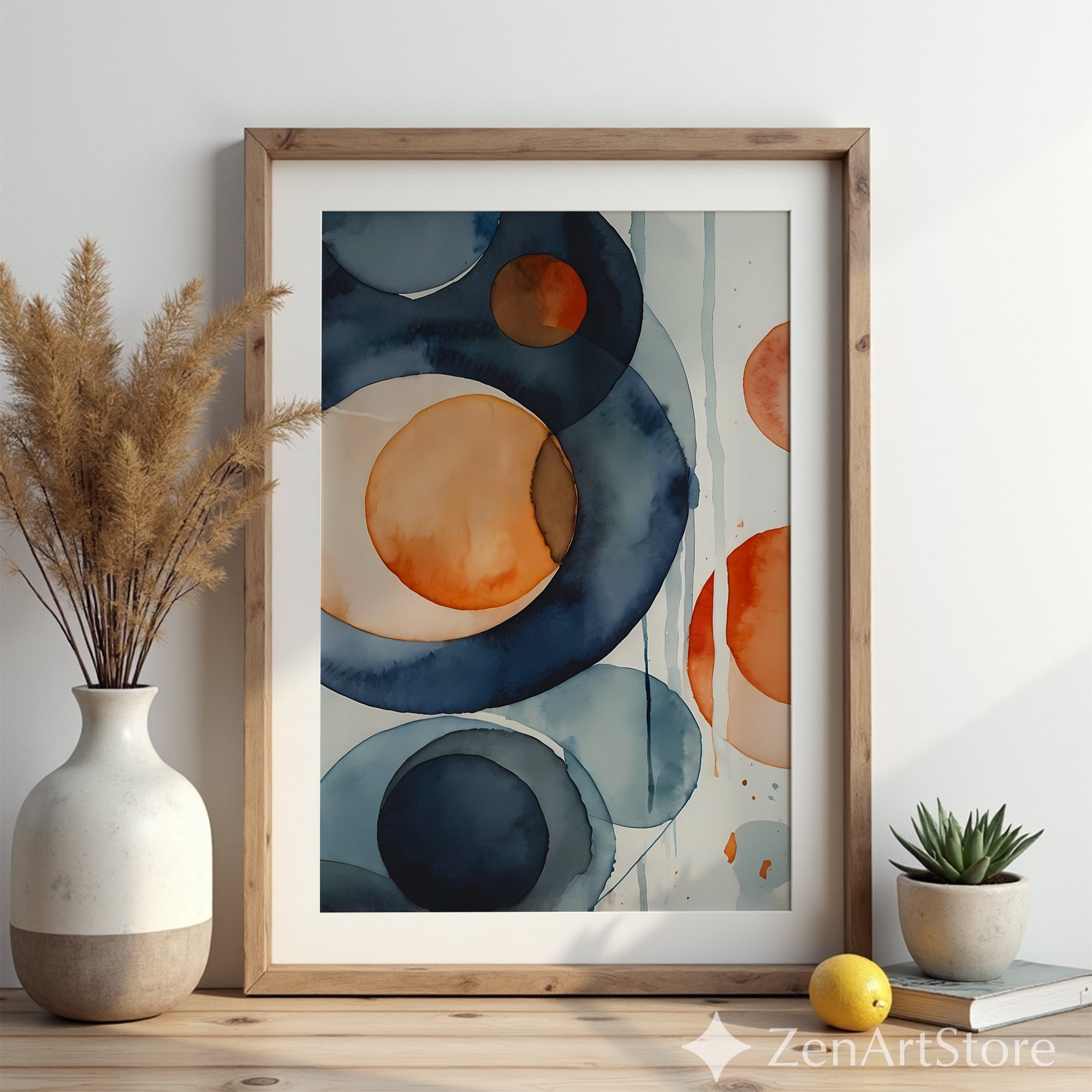 Abstract Watercolor Circles Wall Art Navy & Terracotta Modern Minimal Minimalist Print for Living Room Japandi Boho Decor