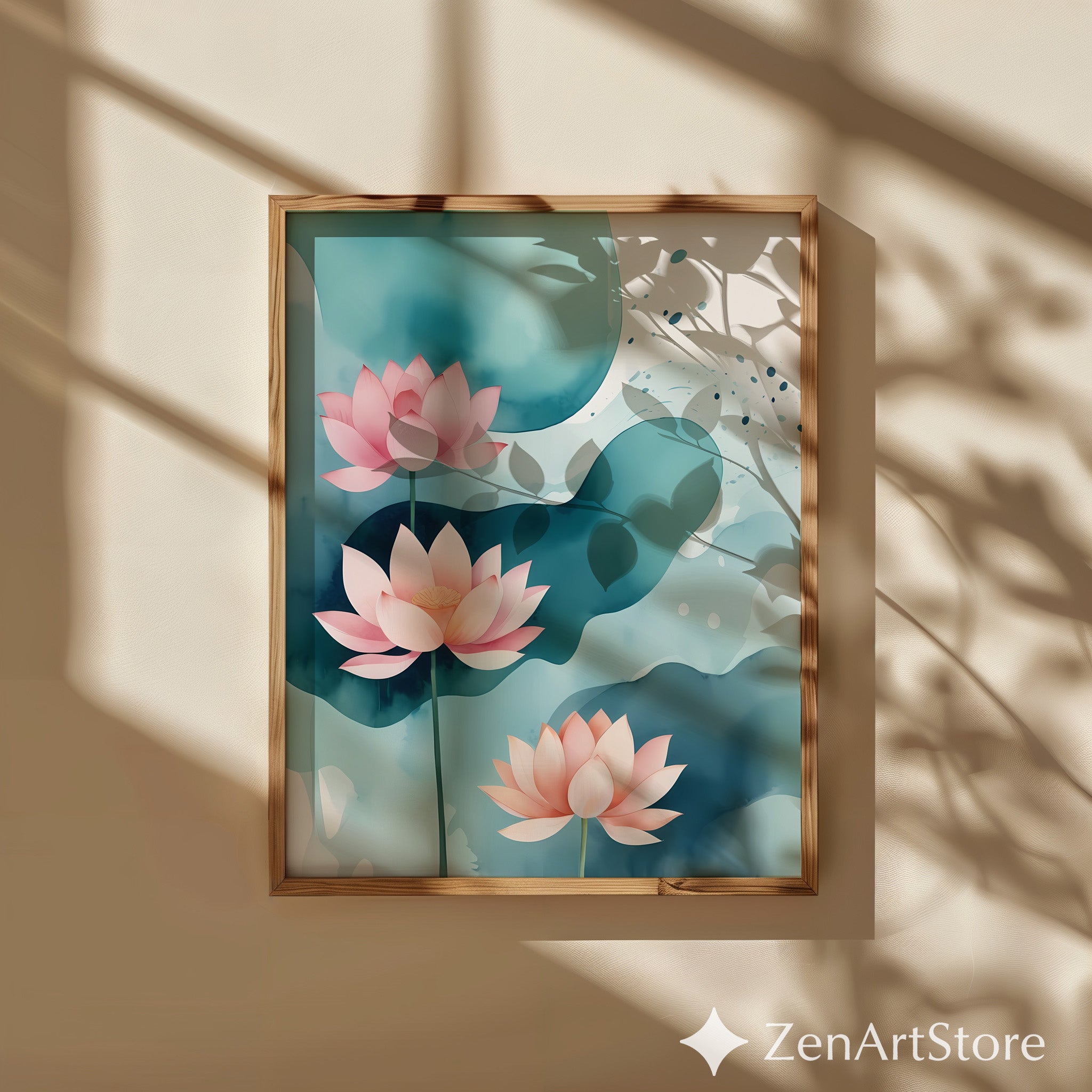 Serene Pink Lotus Watercolor Wall Art - Zen Botanical Print for Living Room, Japandi Minimal Home Decor, Spa Canvas or Printable