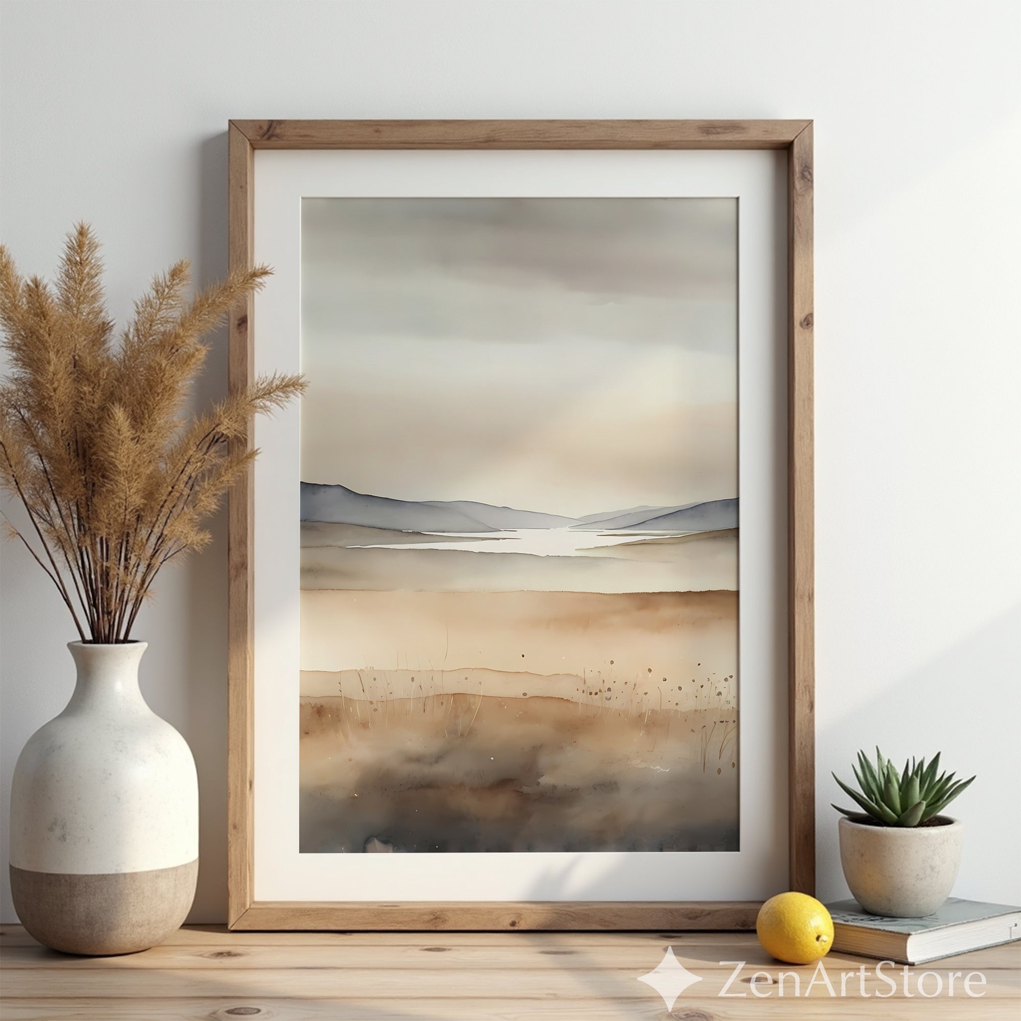 Neutral Watercolor Landscape Print - Minimal Beige & Gray Wall Art for Living Room, Japandi Scandinavian Home Decor