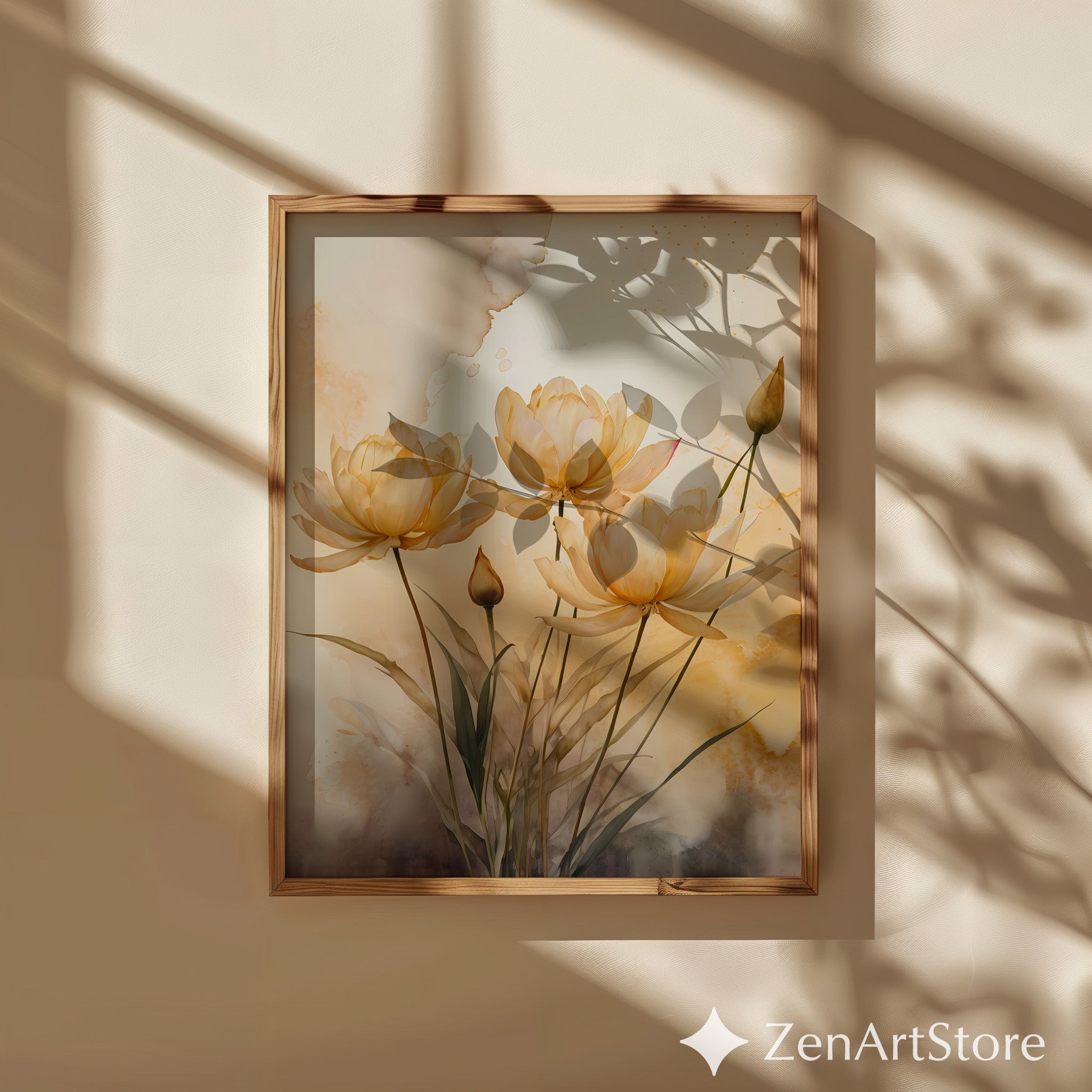 Golden Beige Floral Wall Art - Minimal Botanical Watercolor Print, Zen Japandi Neutral Home Decor