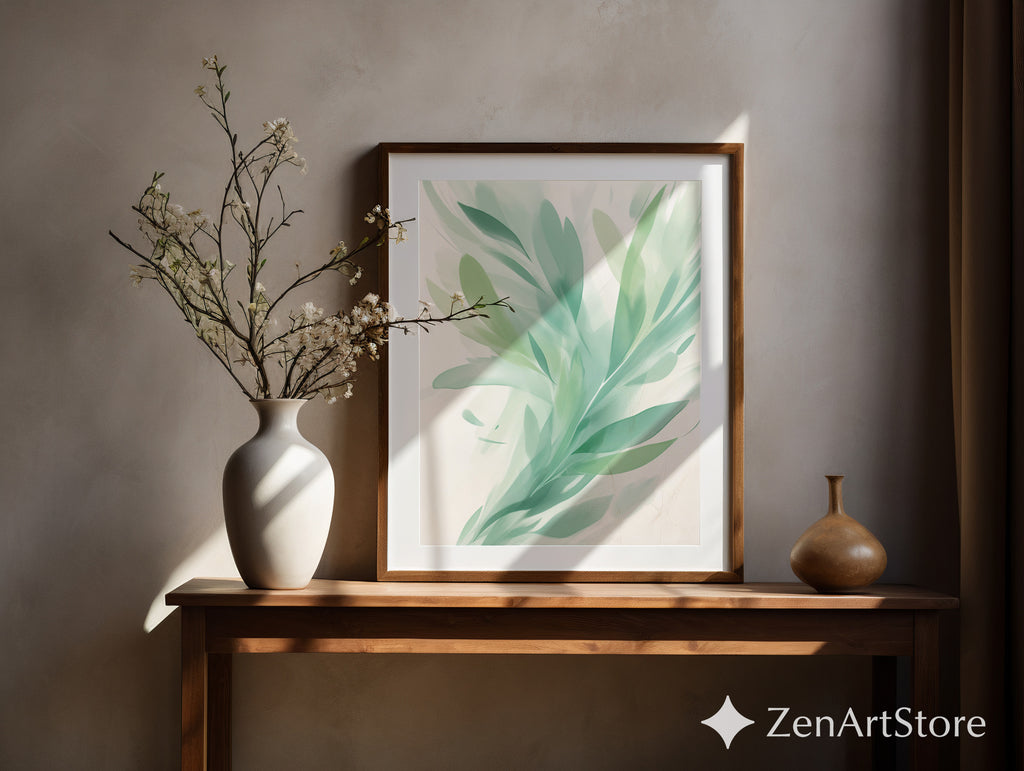 Serene Mint Botanical Art Print - Abstract Green Leaf Wall Art, Minimal Modern Home Decor, Zen Japandi Scandinavian Printable