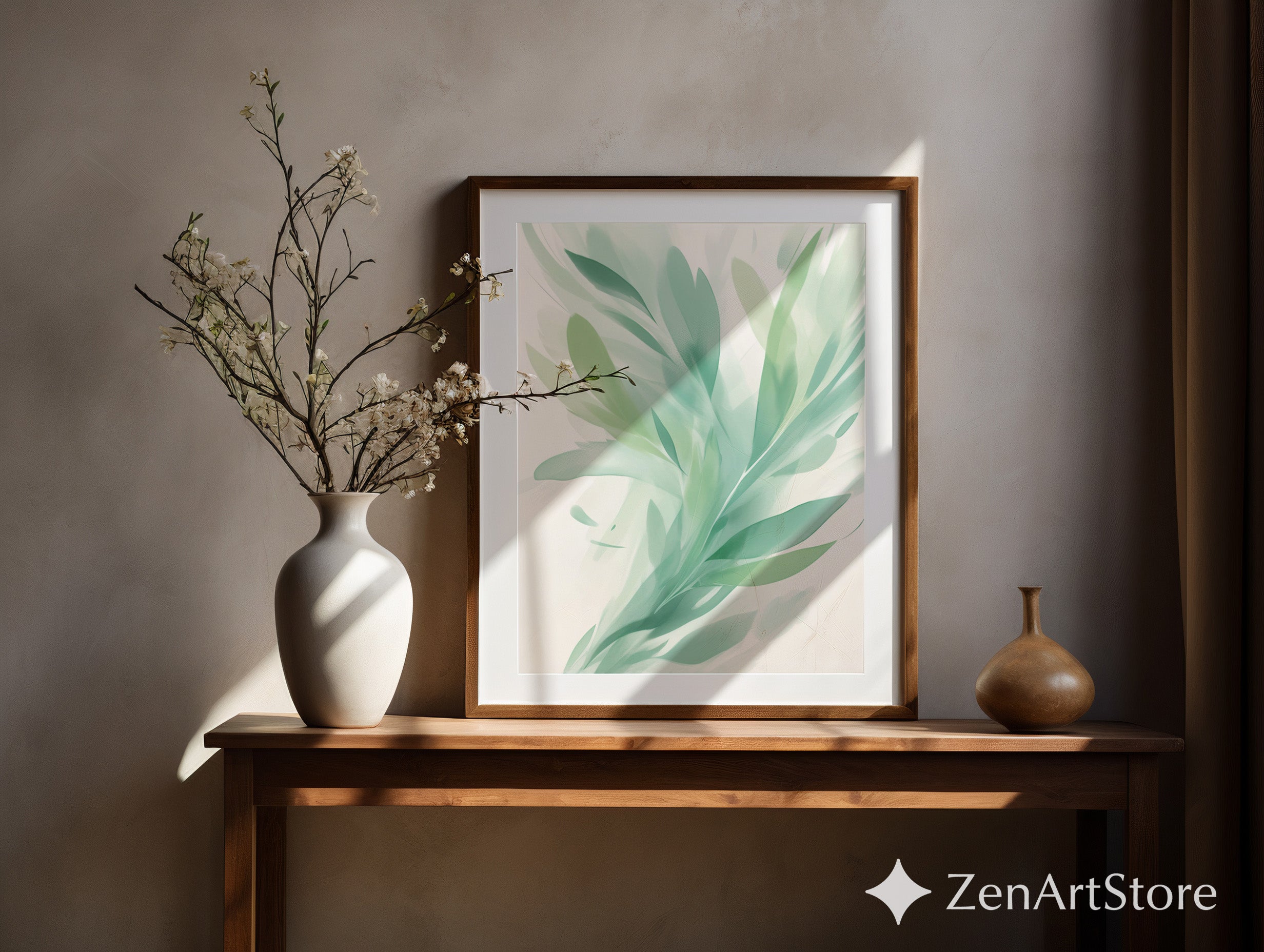 Serene Mint Botanical Art Print - Abstract Green Leaf Wall Art, Minimal Modern Home Decor, Zen Japandi Scandinavian Printable