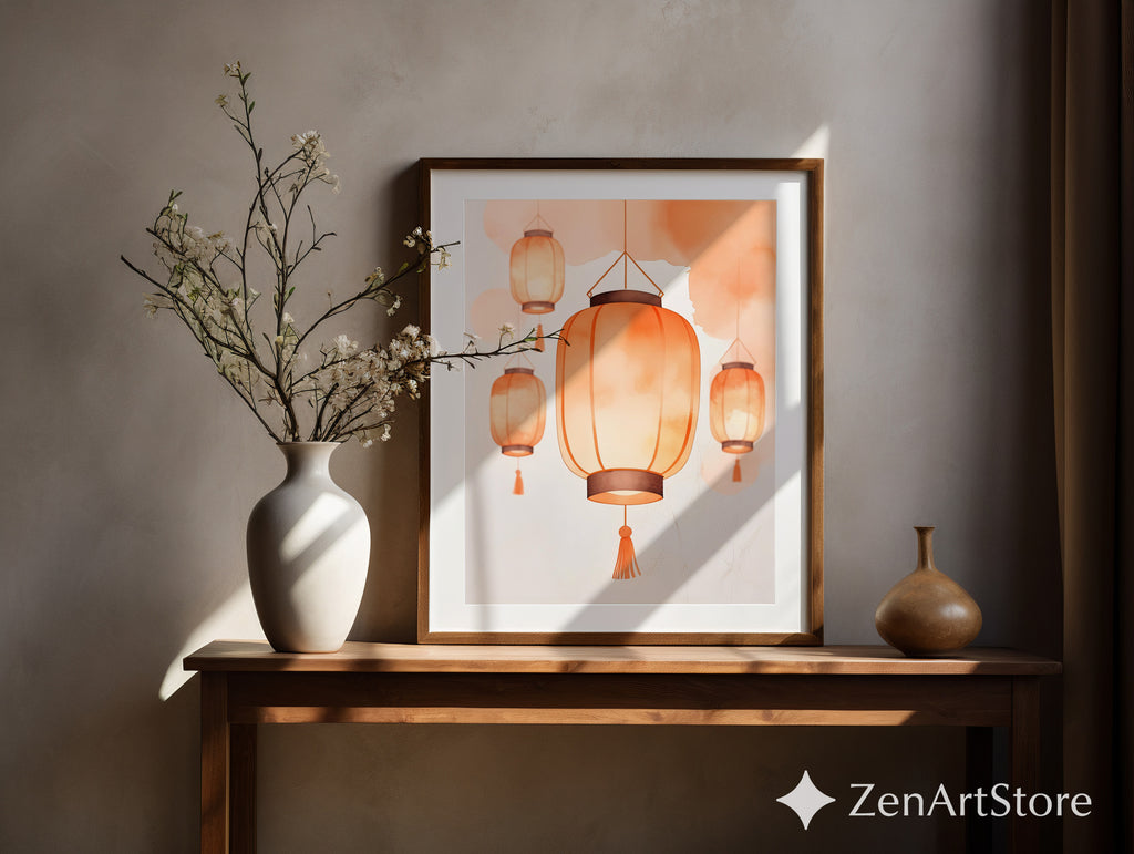Warm Orange Lantern Wall Art - Minimal Paper Lantern Print, Japandi Zen Home Decor, Digital Download & Fine Art Print