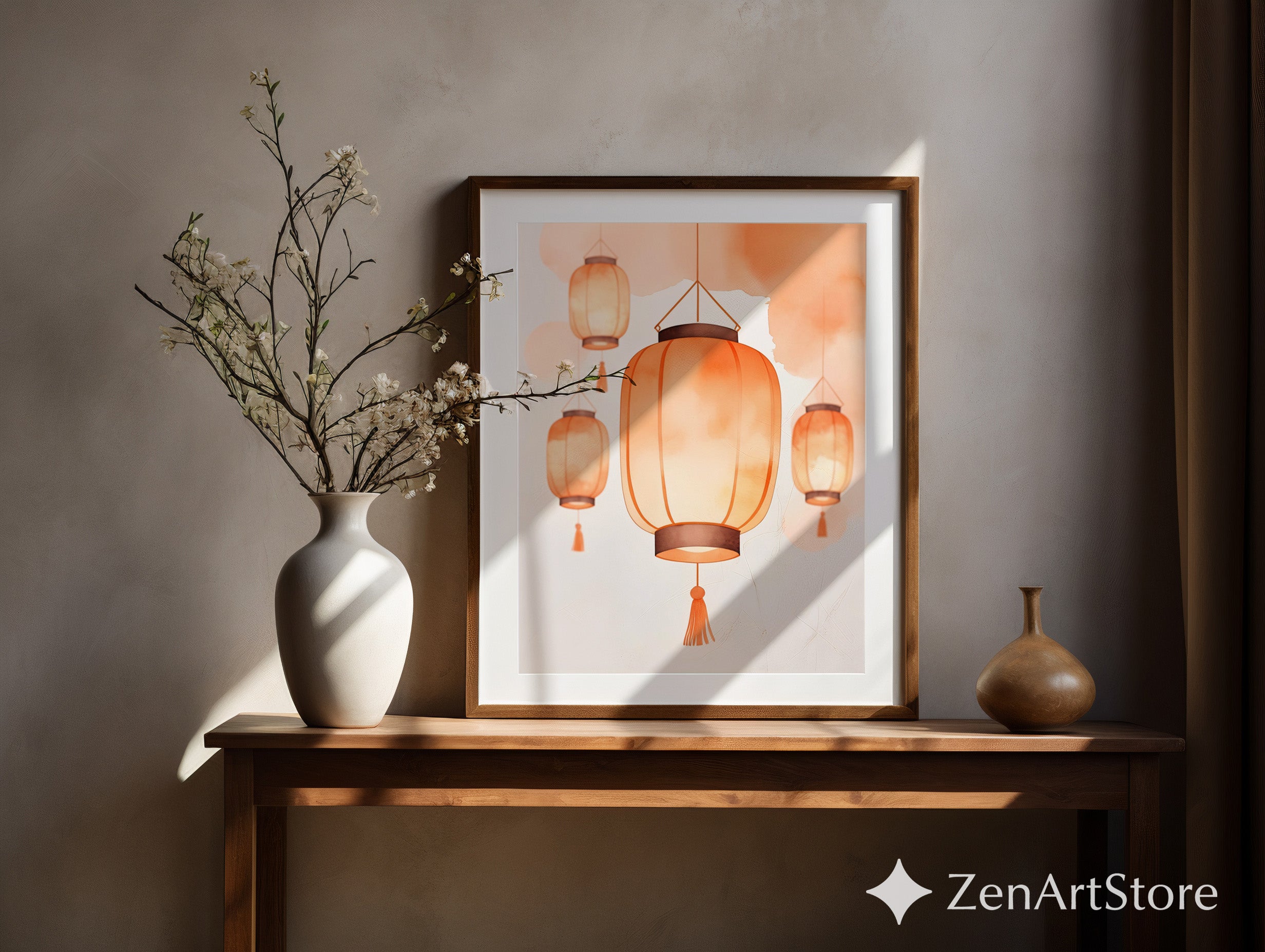 Warm Orange Lantern Wall Art - Minimal Paper Lantern Print, Japandi Zen Home Decor, Digital Download & Fine Art Print