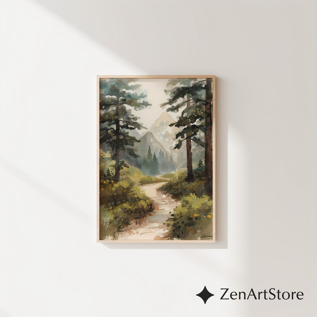 Misty Mountain Path Landscape Art Print - Calm Neutral Forest Painting for Living Room, Bedroom or Cabin Decor