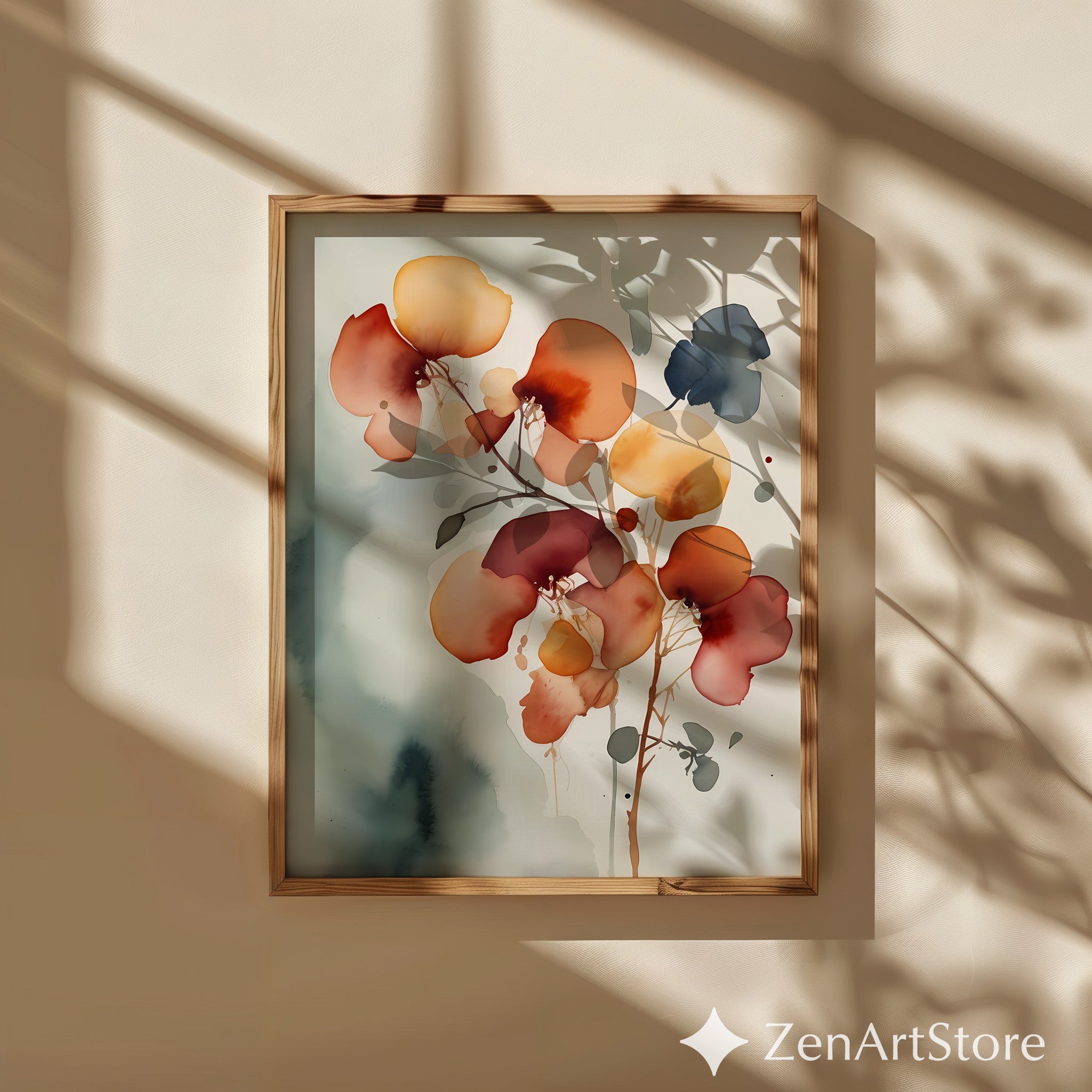 Abstract Floral Wall Art Print - Warm Rust & Ochre Minimal Botanical Japandi Wabi Sabi Neutral Home Decor