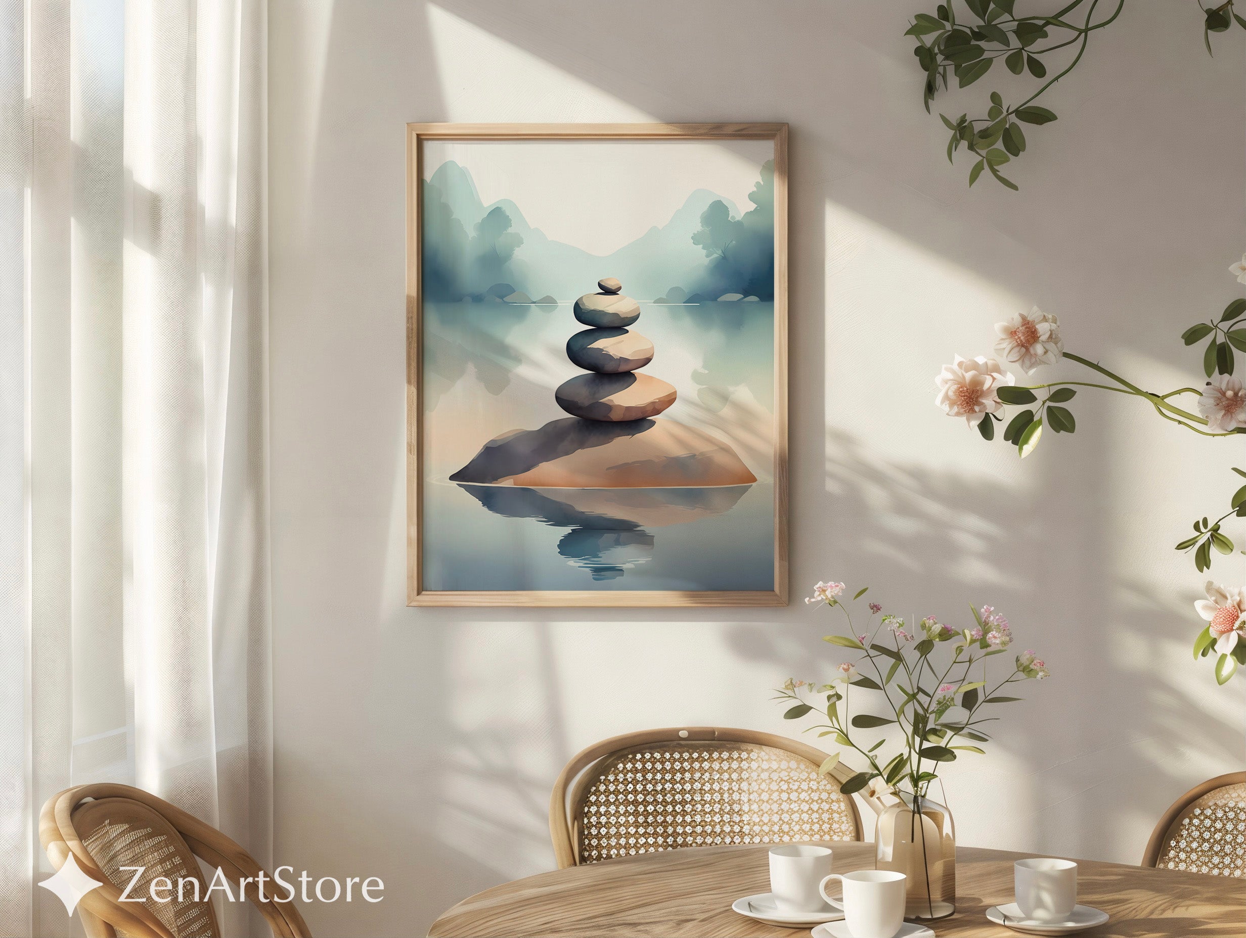 Zen Stacked Stones Lake Art Print - Minimal Japandi Wall Decor, Calm Neutral Landscape for Home & Spa