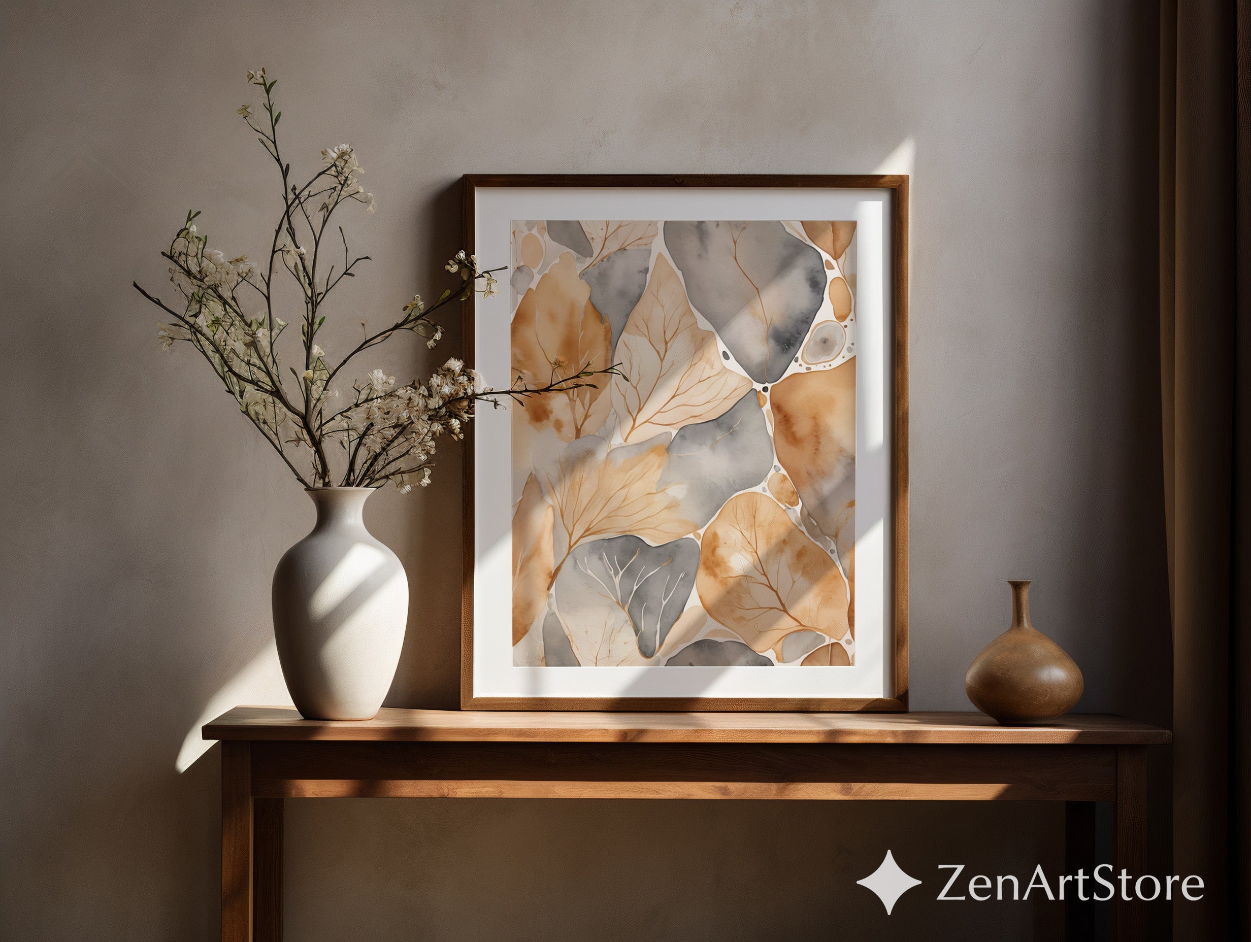 Neutral Botanical Watercolor Leaf Art Print - Beige Gray Abstract Wall Decor