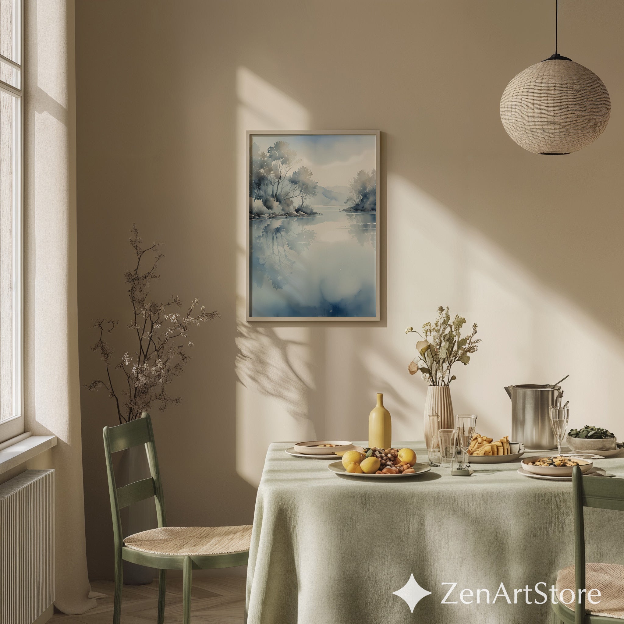 Misty Blue Lake Watercolor Print - Calm Minimalist Landscape Wall Art for Living Room, Bedroom, Spa, Japandi Zen Decor