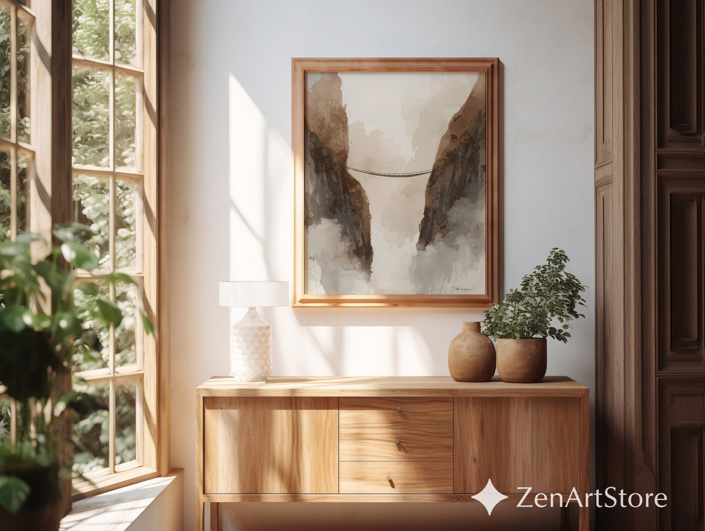 Neutral Mountain Bridge Watercolor Print – Minimal Japandi Wabi Sabi Wall Art for Living Room