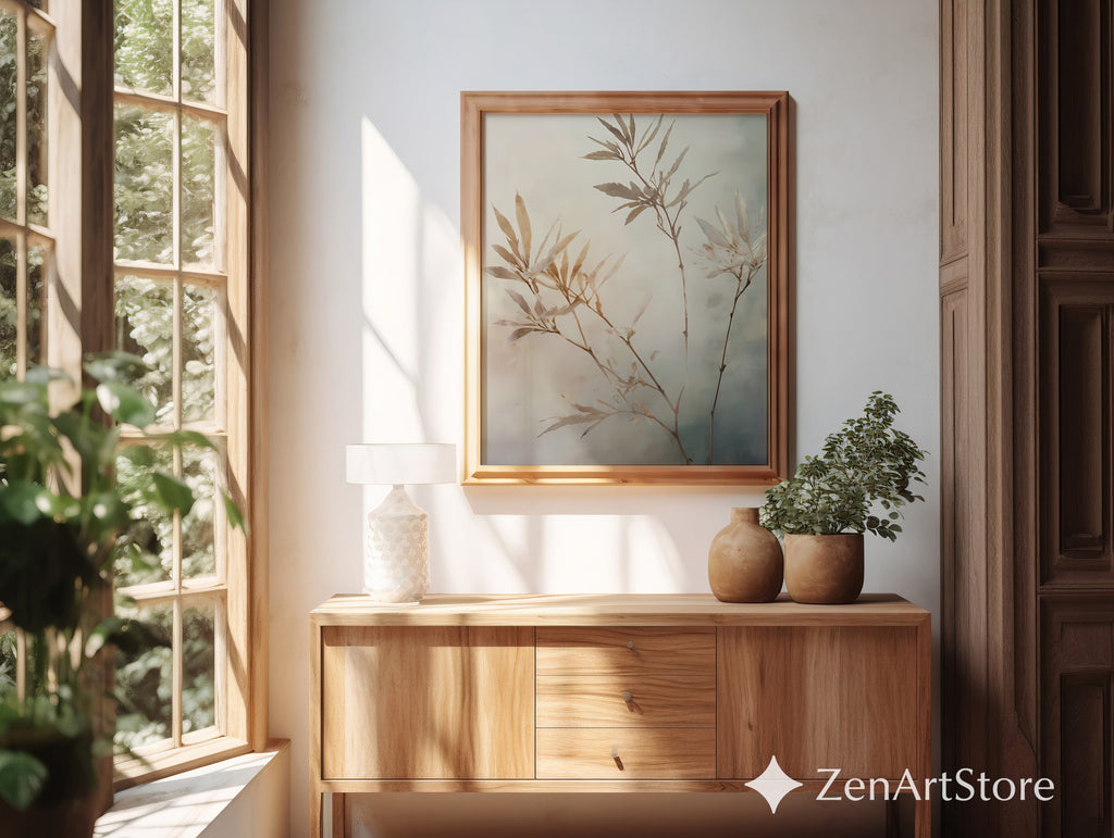 Neutral Botanical Wall Art Print - Japandi Minimalist Plant Painting, Beige Wabi Sabi Home Decor