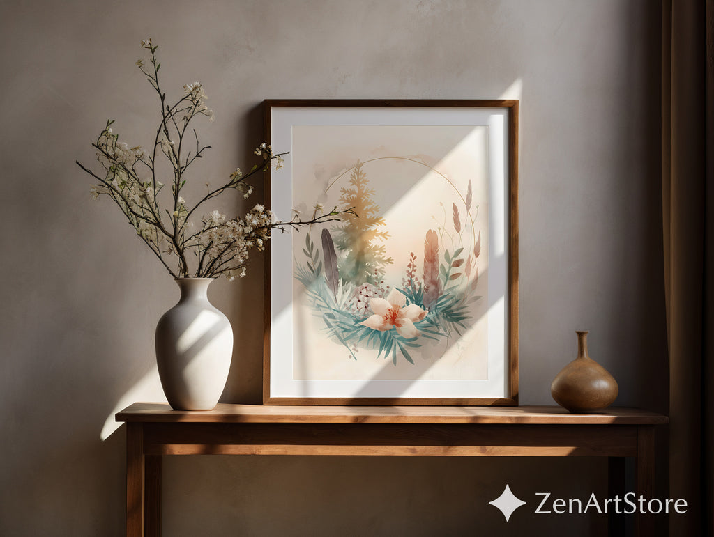 Neutral Botanical Watercolor Print with Gold Halo - Japandi Wabi Sabi Floral Wall Art
