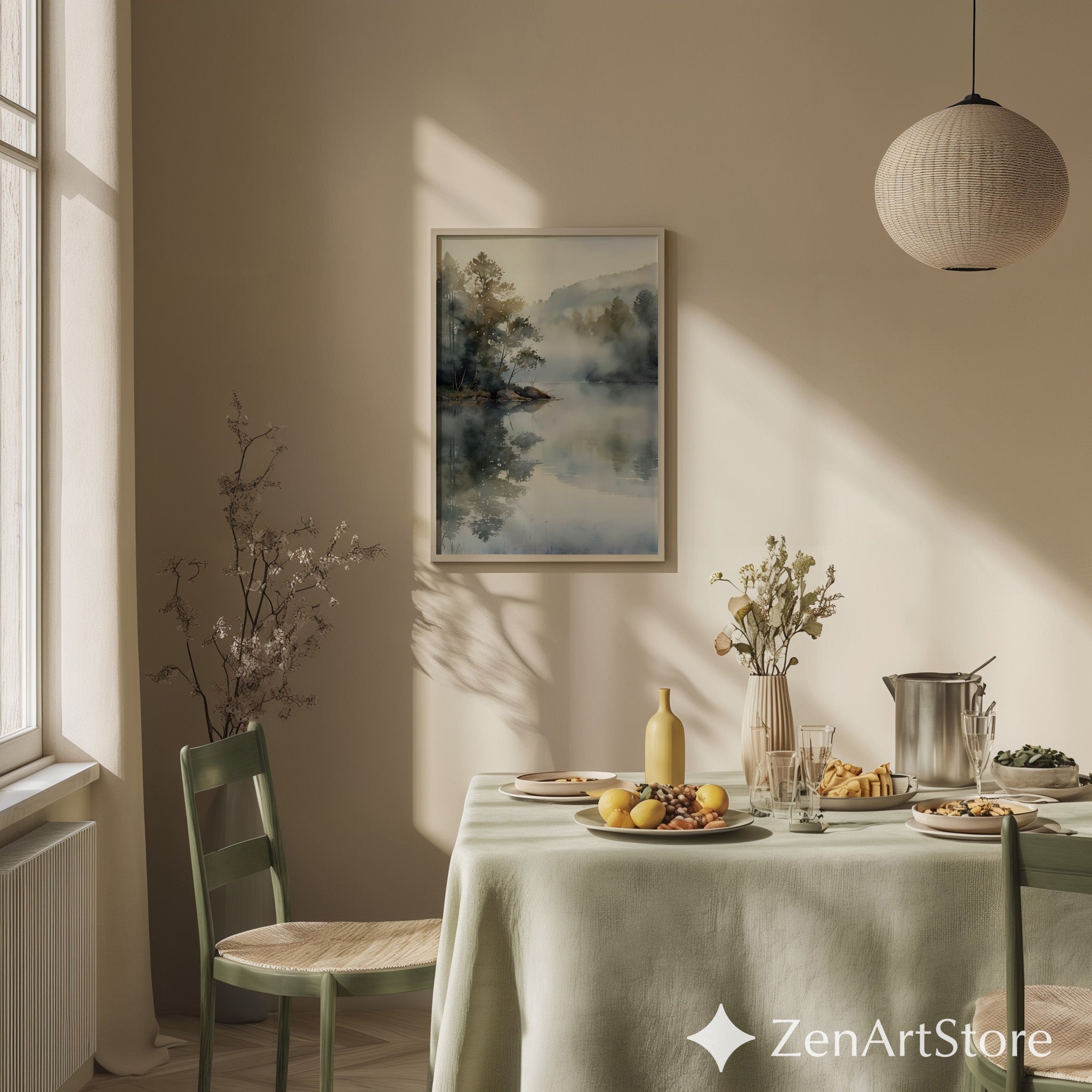 Misty Lake Watercolor Print - Serene Landscape Reflection Wall Art for Neutral Zen, Japandi & Wabi Sabi Home Decor