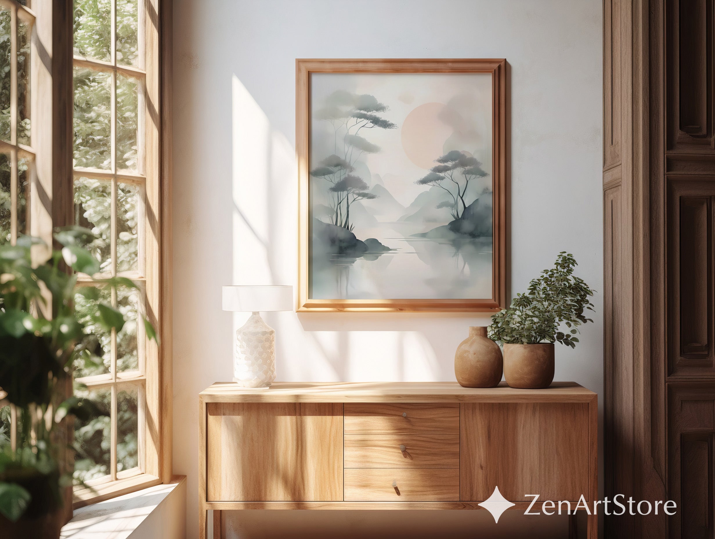 Misty Zen Landscape Print - Minimal Japandi Wall Art with Blush Sun and Tree Reflections - Wabi Sabi Neutral Home Decor