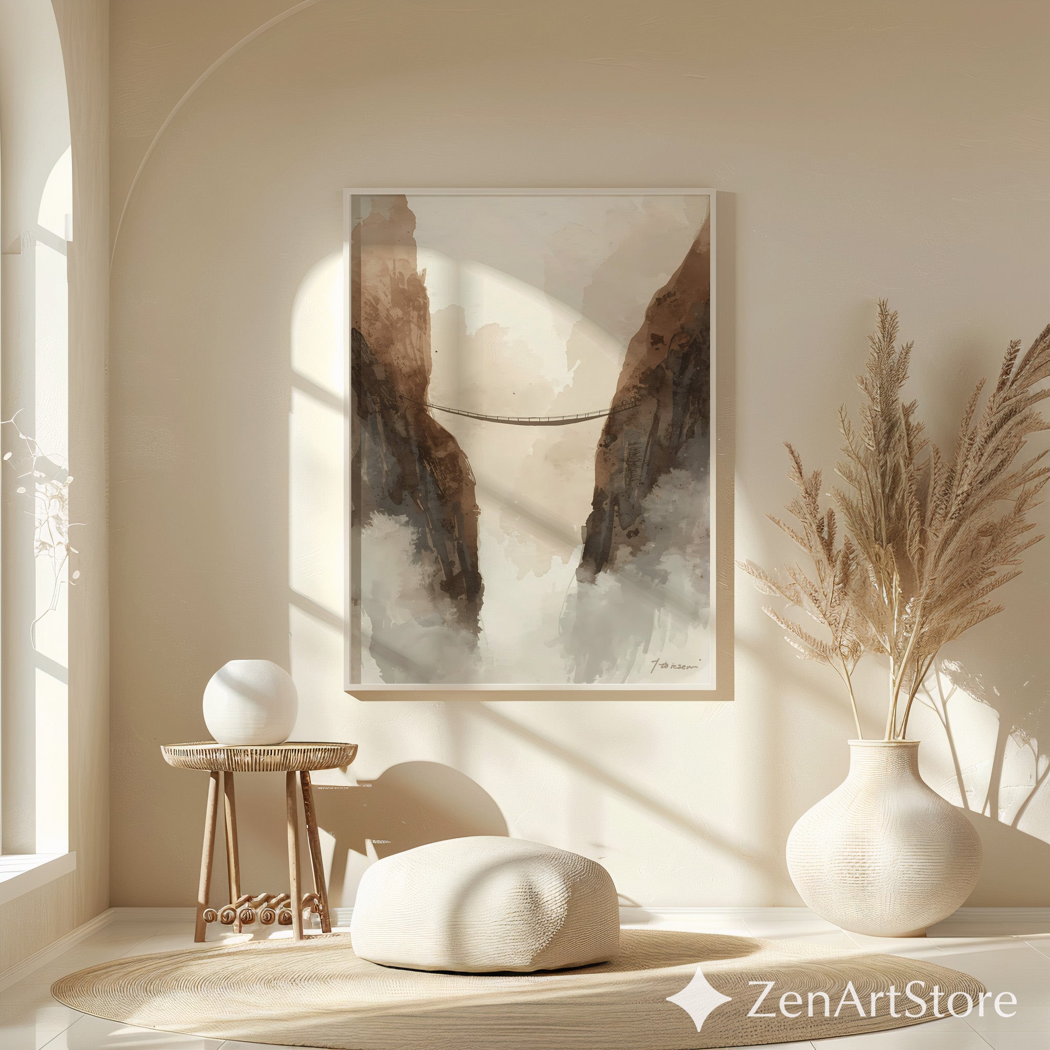 Neutral Mountain Bridge Watercolor Print – Minimal Japandi Wabi Sabi Wall Art for Living Room