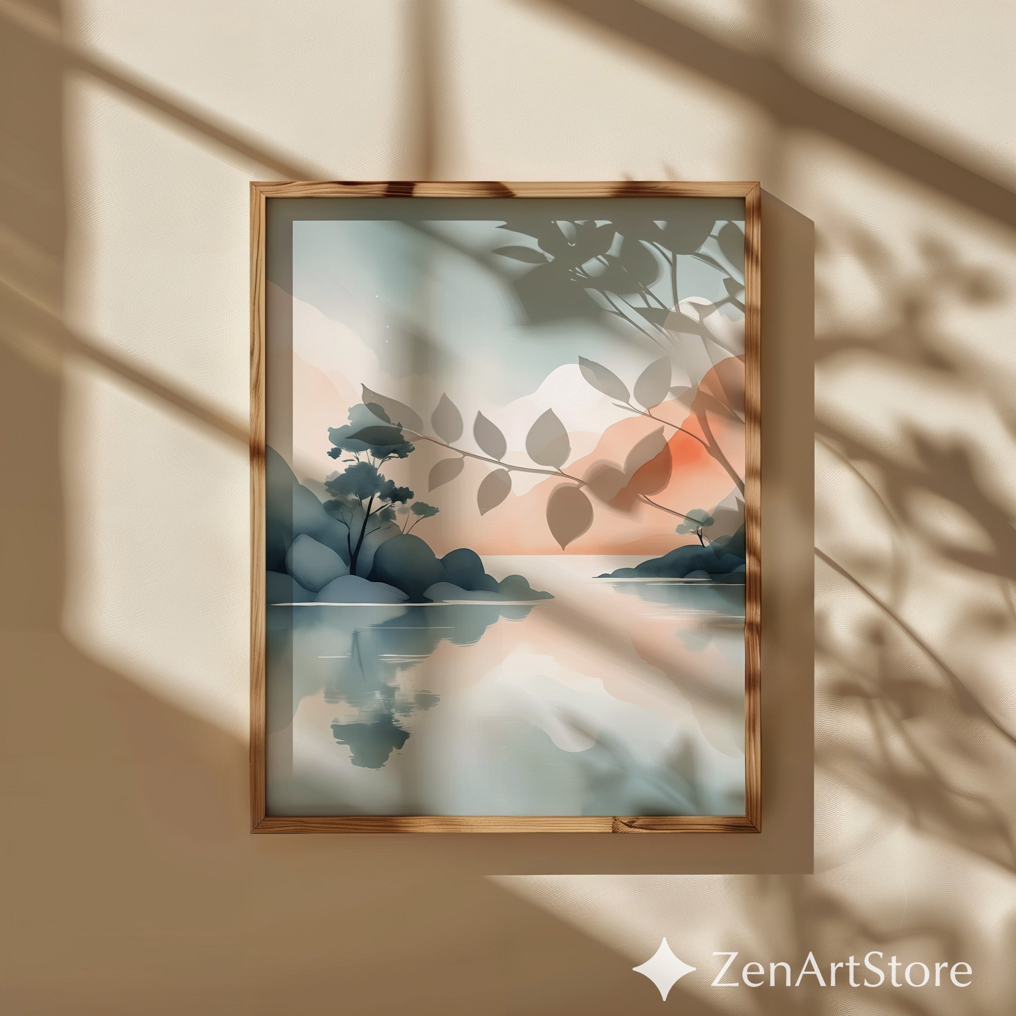 Zen Japandi Pastel Landscape Print - Minimal Mountain Lake Wall Art, Calm Abstract Reflection, Neutral Home Decor Printable