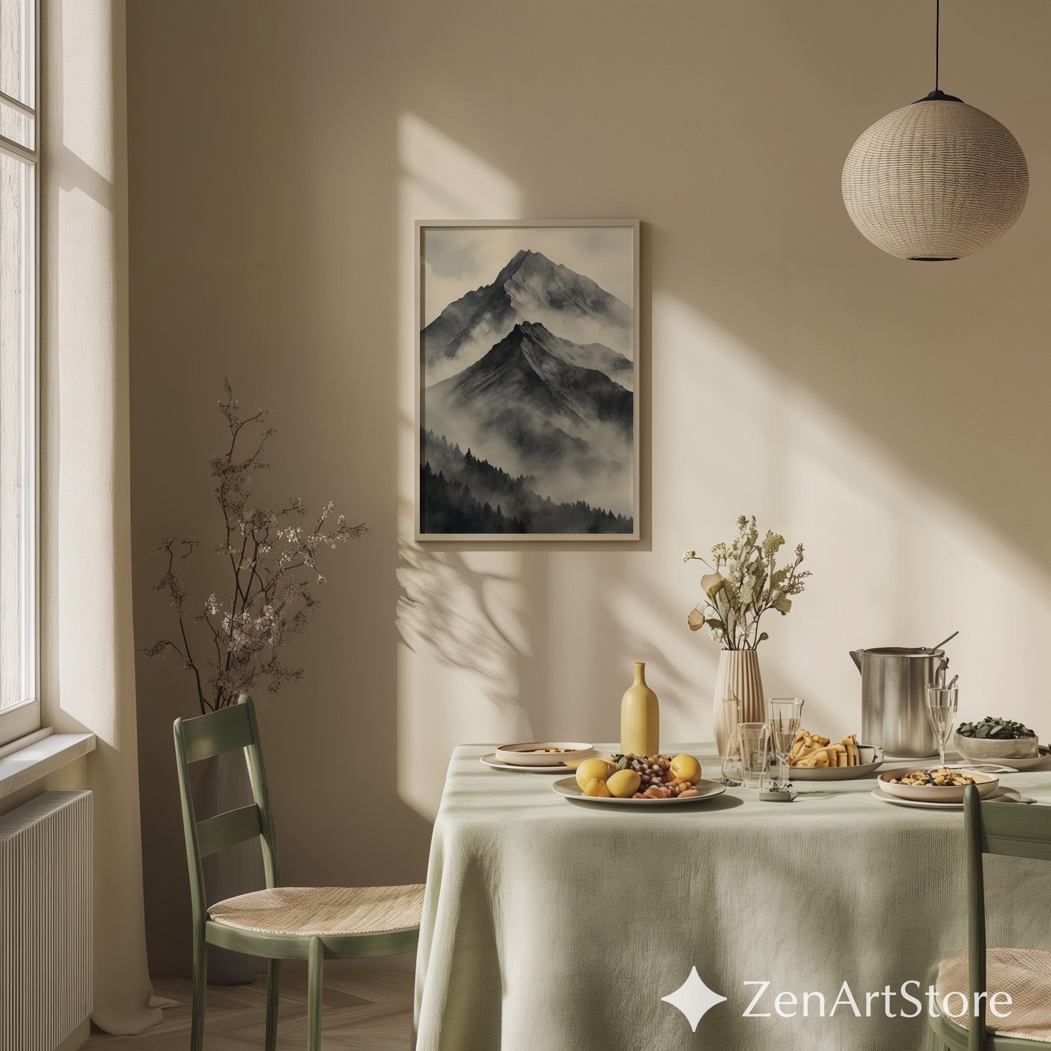 Misty Mountain Wall Art - Minimal Black & White Landscape Print, Japandi Scandinavian Neutral Mountain Decor for Living Room & Bedroom