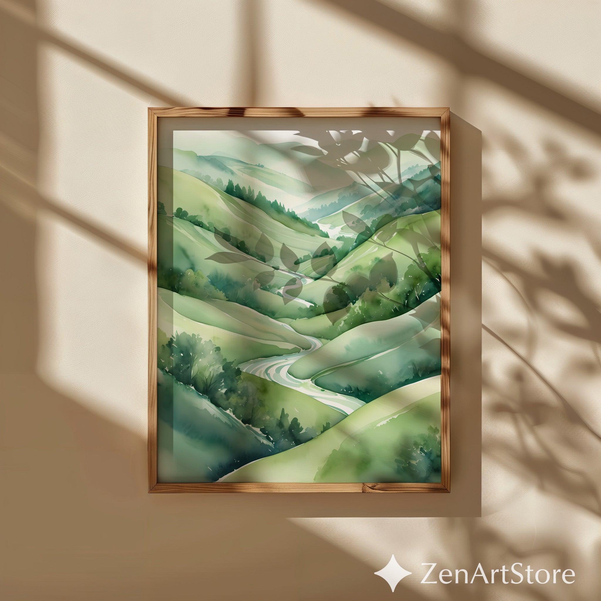 Serene Green Valley Watercolor Print - Minimal Zen Landscape Art, Japandi Wall Decor, Calming River Poster for Living Room