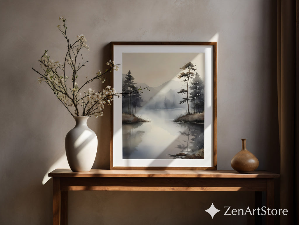 Misty Lake Minimalist Wall Art - Neutral Japandi Landscape Print, Calm Scandinavian Zen Decor for Living Room, Bedroom & Office