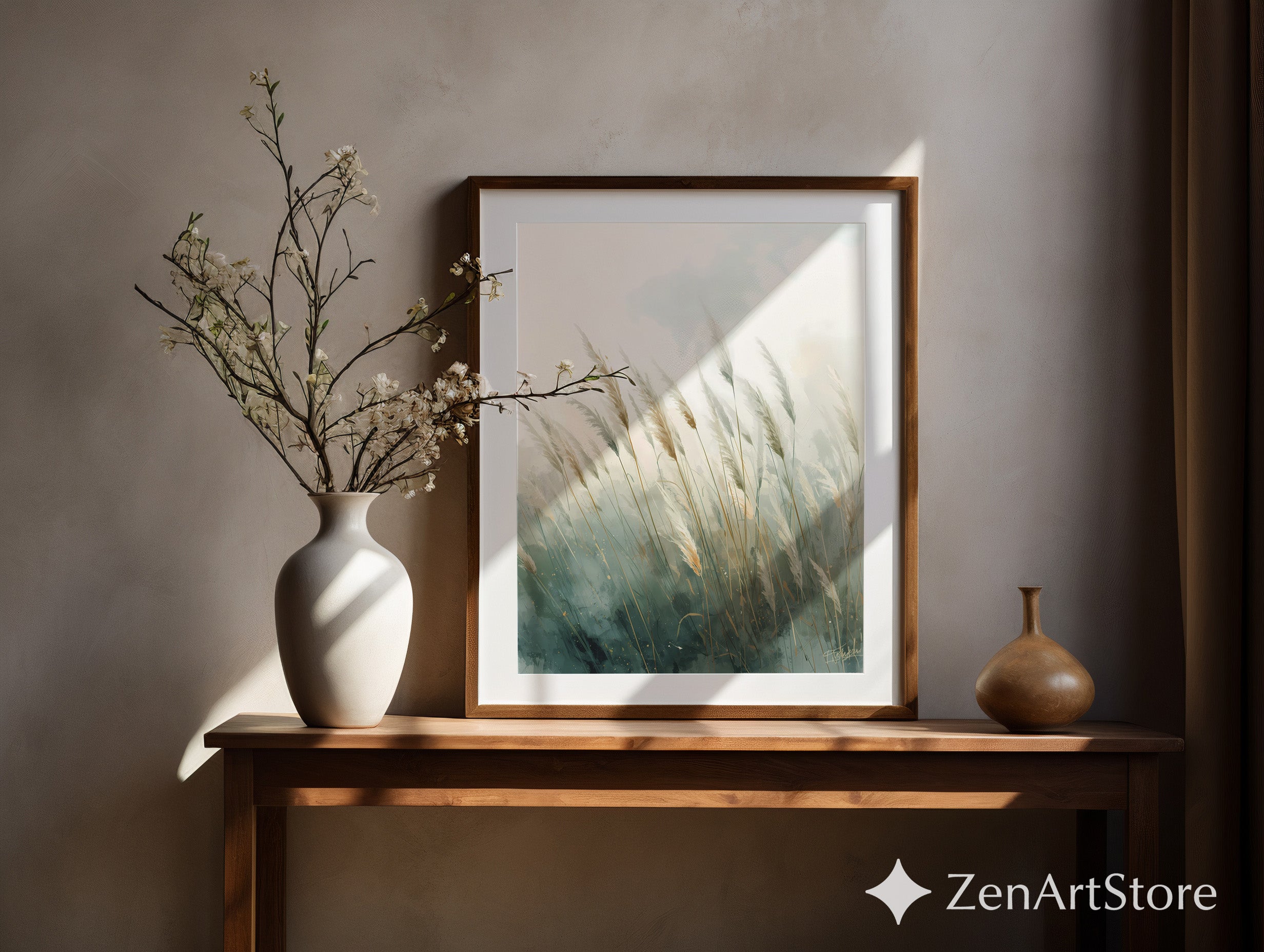Pampas Grass Wall Art Print – Neutral Botanical Minimalist Canvas, Calm Teal Beige Landscape for Living Room, Bedroom, Japandi Home Decor