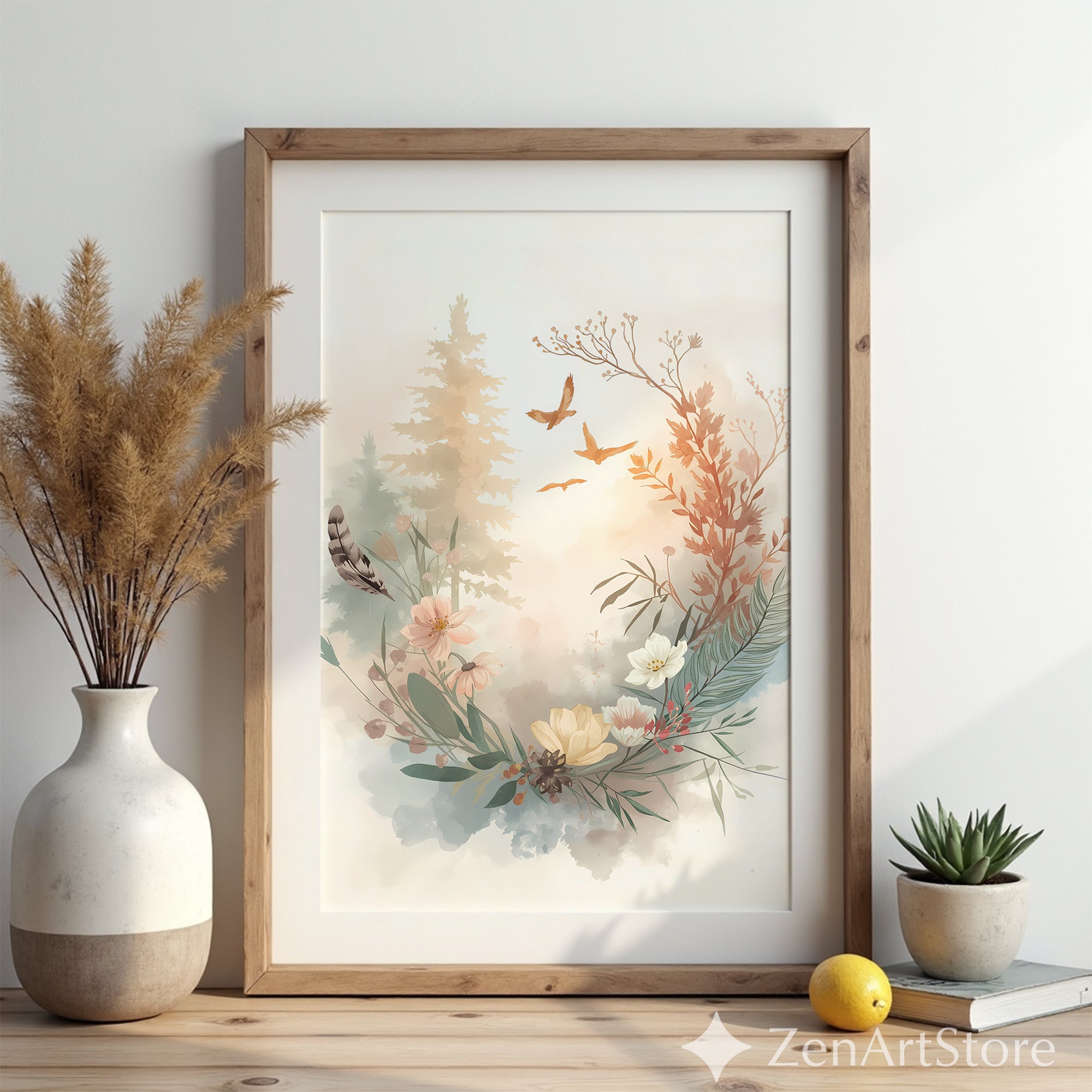 Neutral Watercolor Botanical Wreath Print – Minimal Floral Wall Art for Japandi, Boho, Scandinavian Home Decor