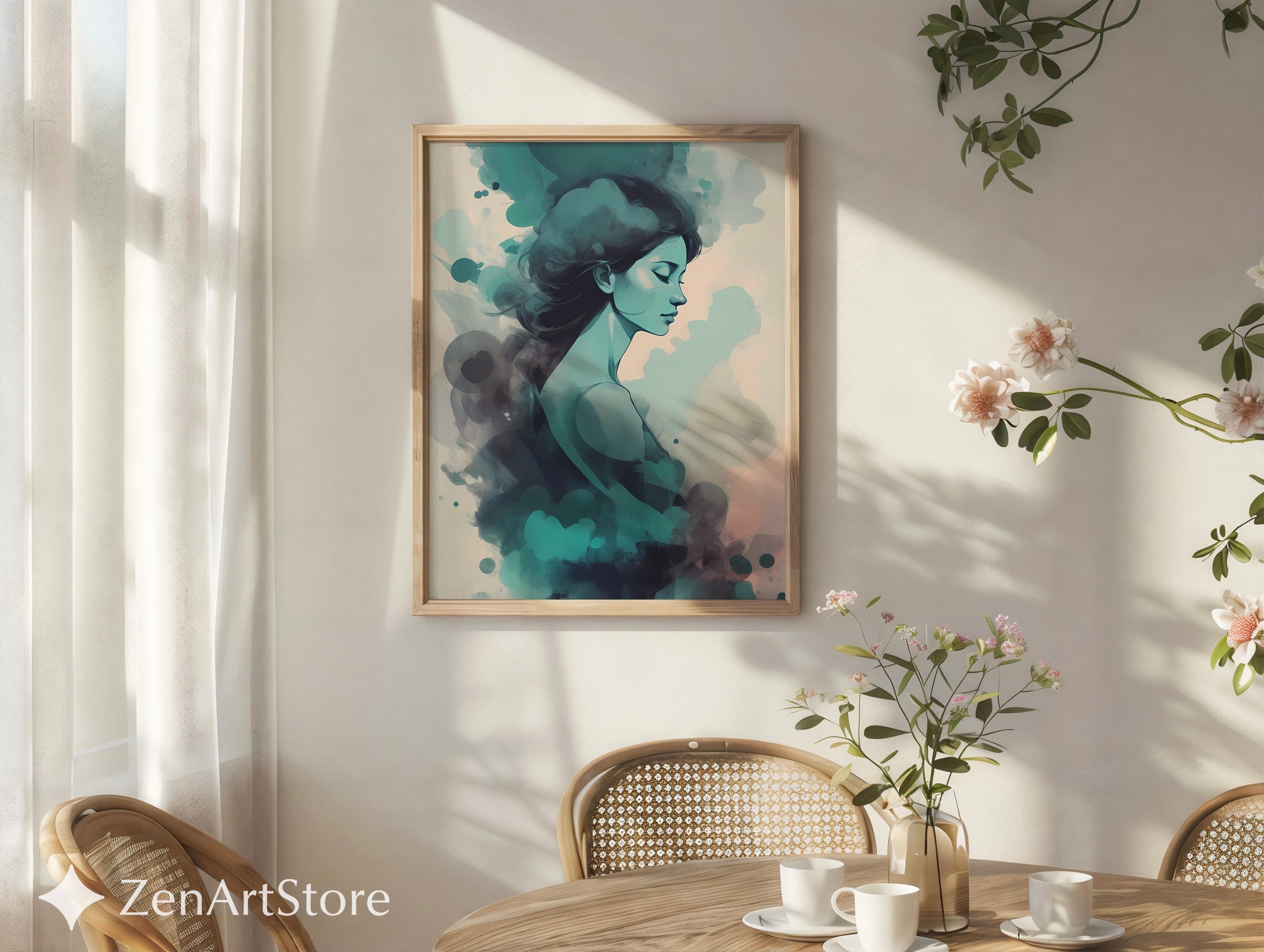 Dreamy Teal Woman Abstract Portrait Art Print - Calm Minimal Wall Art for Bedroom, Living Room, Japandi & Scandinavian Decor