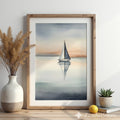 Minimal Sailboat Wall Art - Calm Coastal Watercolor Print, Scandinavian Japandi Neutral Seascape for Living Room & Bedroom