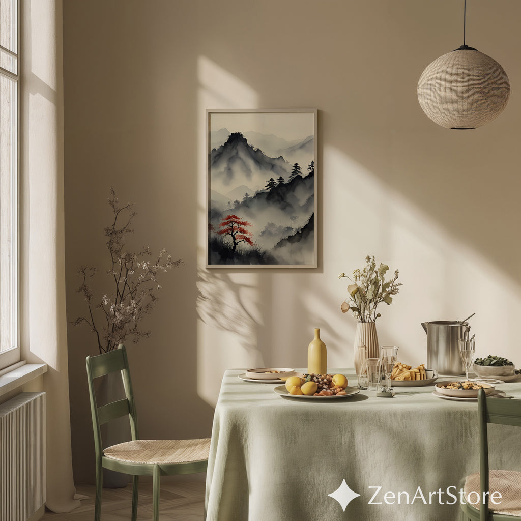 Misty Mountain Sumi-e Print with Red Maple – Zen Minimal Japandi Wall Art, Neutral Wabi-Sabi Landscape for Living Room