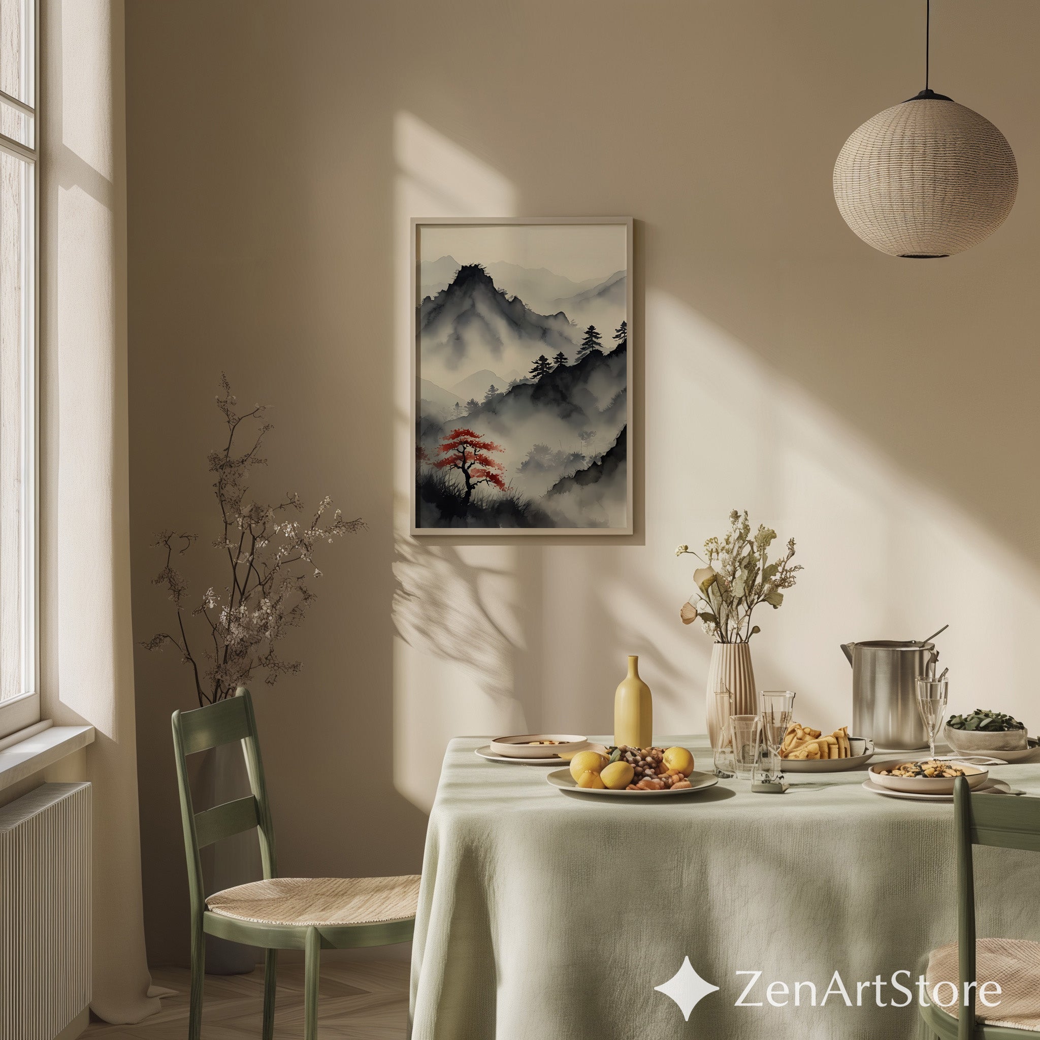 Misty Mountain Sumi-e Print with Red Maple – Zen Minimal Japandi Wall Art, Neutral Wabi-Sabi Landscape for Living Room