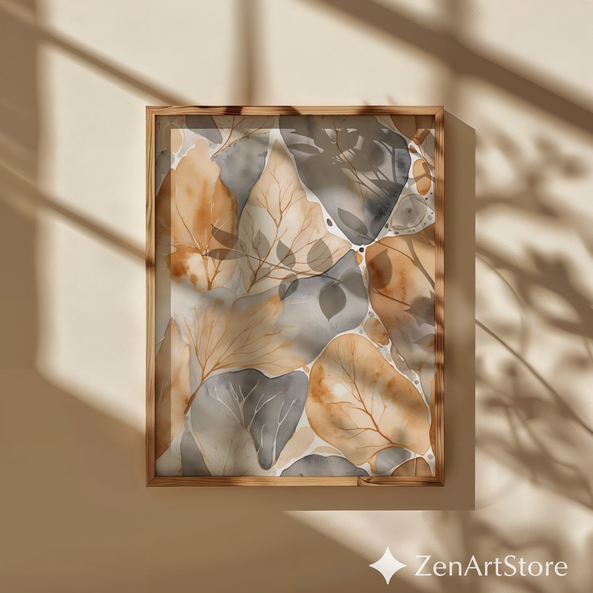 Neutral Botanical Watercolor Leaf Art Print - Beige Gray Abstract Wall Decor