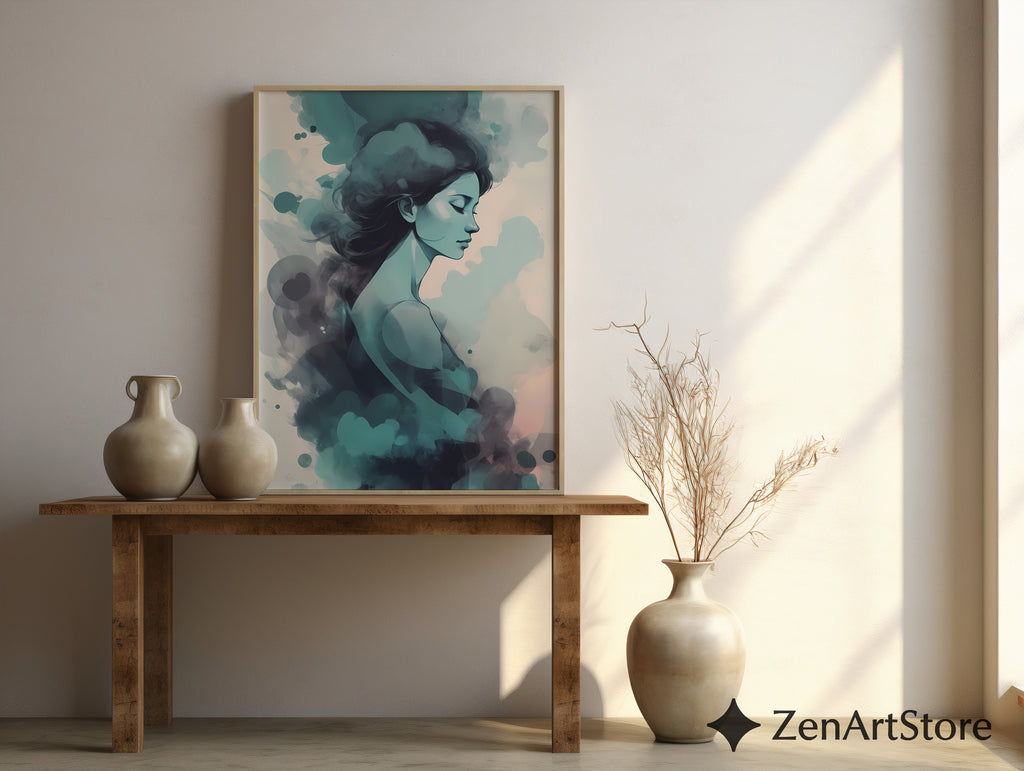 Dreamy Teal Woman Abstract Portrait Art Print - Calm Minimal Wall Art for Bedroom, Living Room, Japandi & Scandinavian Decor