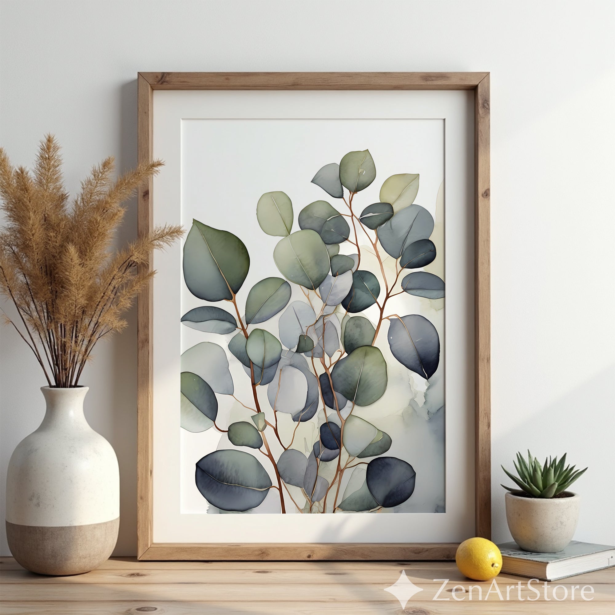 Eucalyptus Botanical Wall Art Print - Neutral Minimalist Scandinavian Japandi Watercolor Line Art, Printable & Fine Art