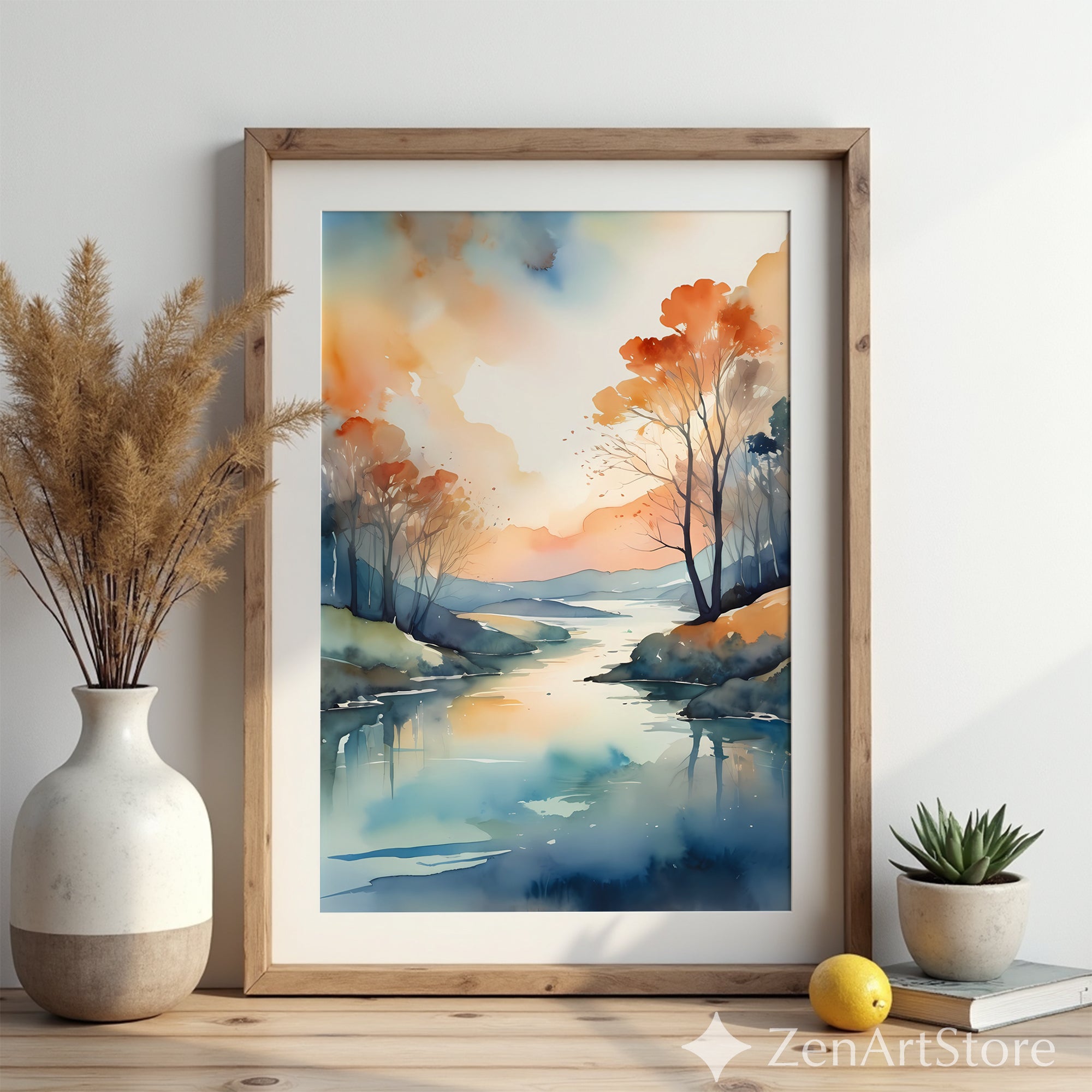 Serene Watercolor Landscape Print - Abstract Lake Sunset Wall Art for Zen, Japandi & Minimal Home Decor